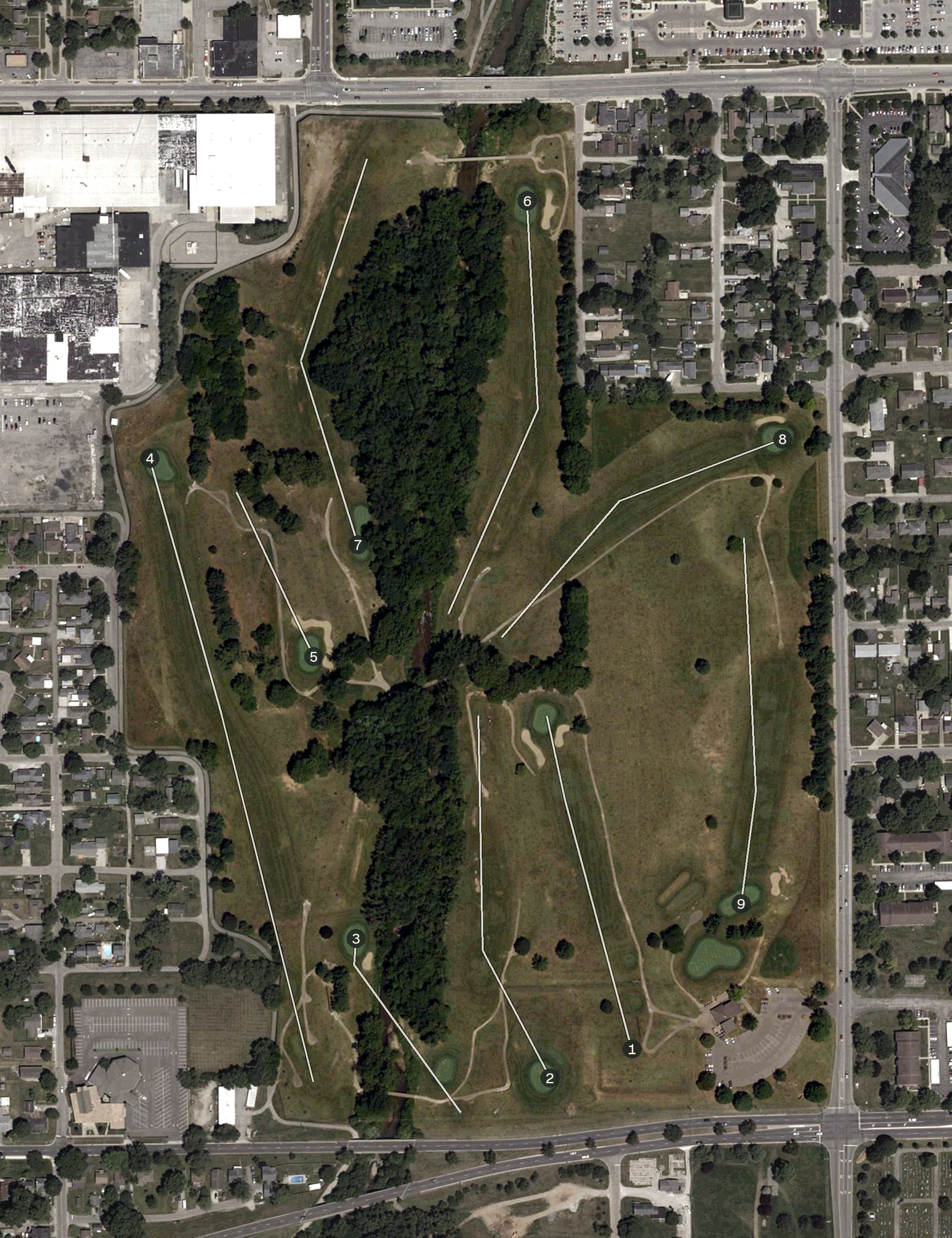Aerial view of Greenbelt Golf Course, IN, with its hole routing marked