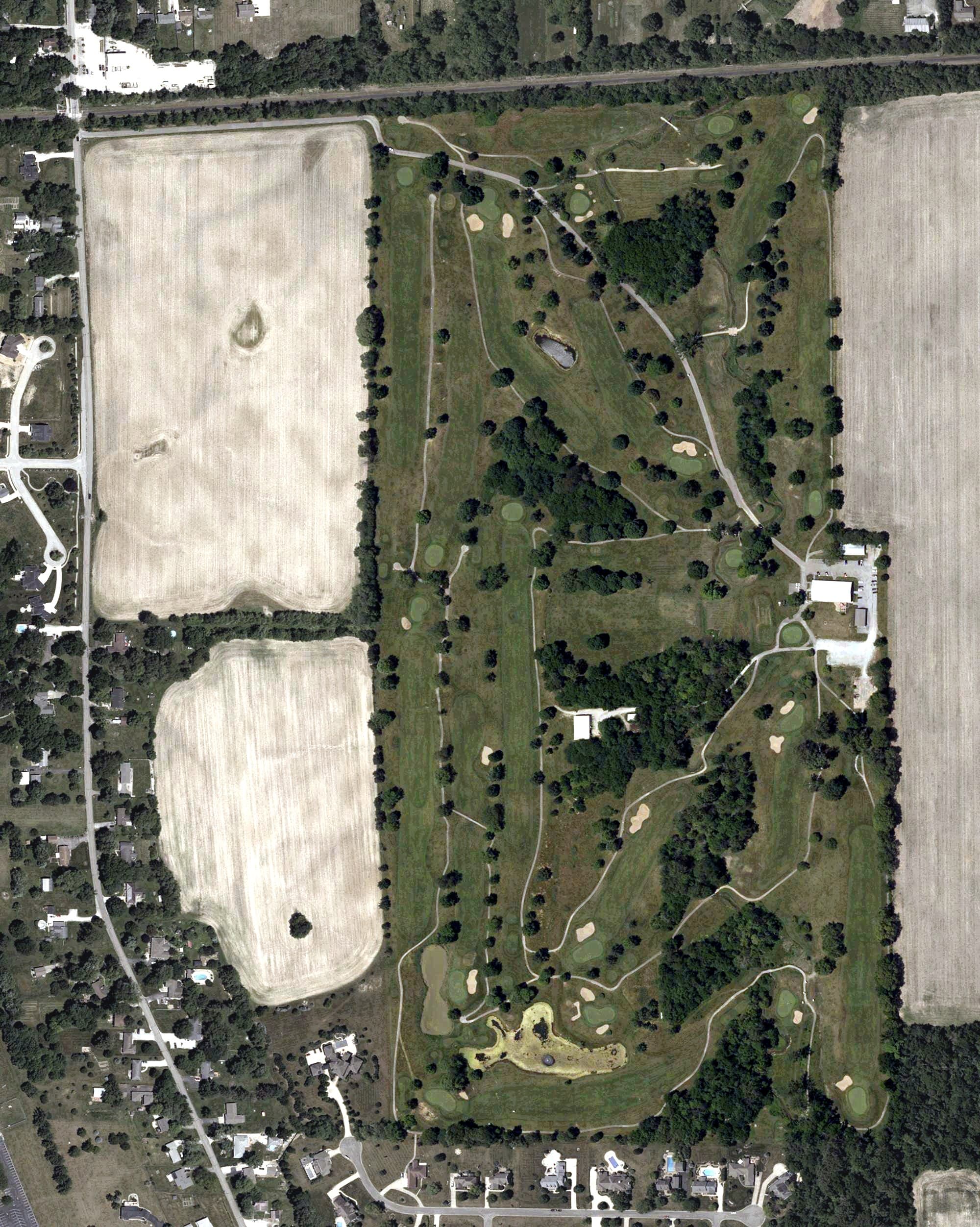 Aerial view of Greenfield Country Club, IN, with its hole routing marked