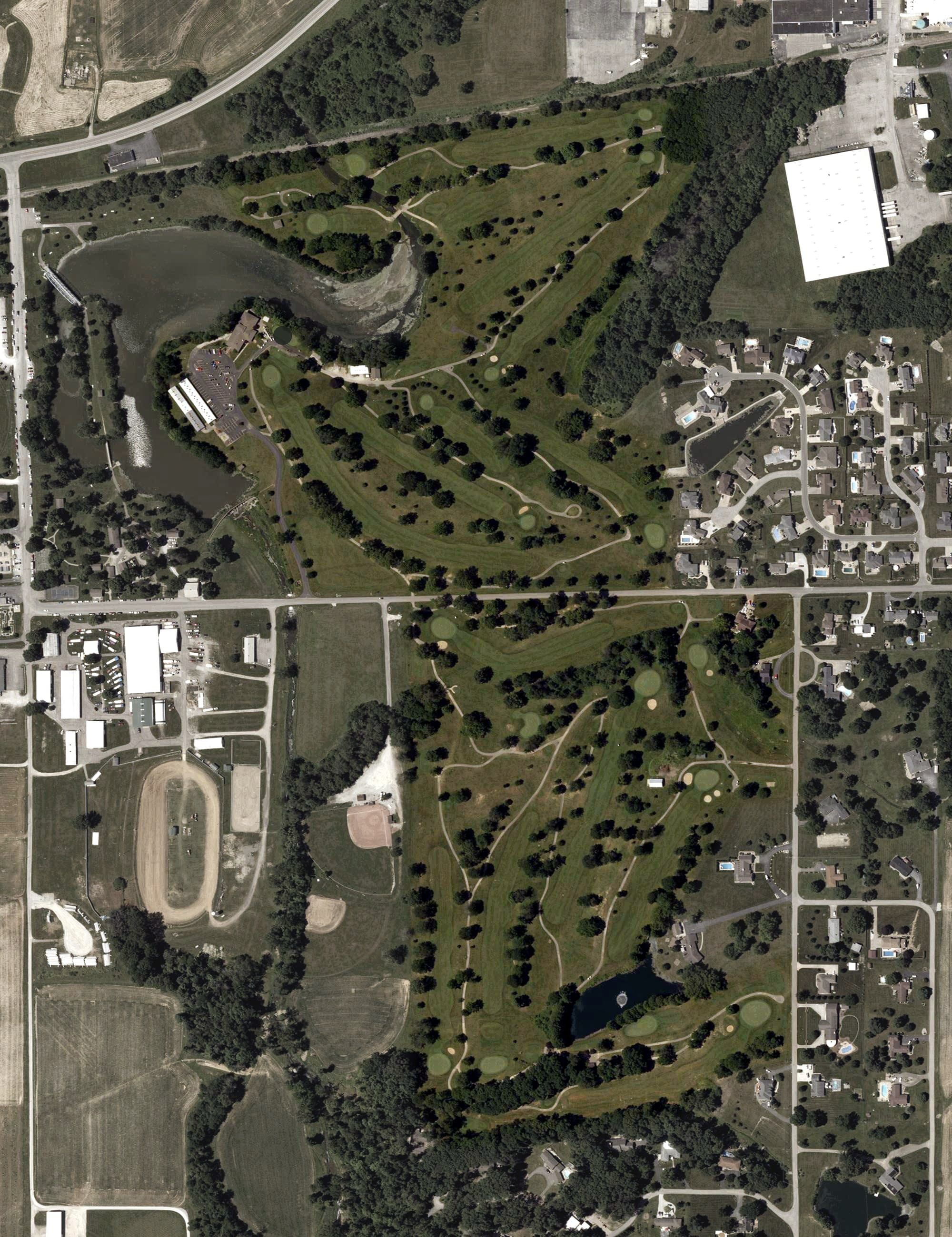 Aerial view of Greensburg Country Club, IN, with its hole routing marked