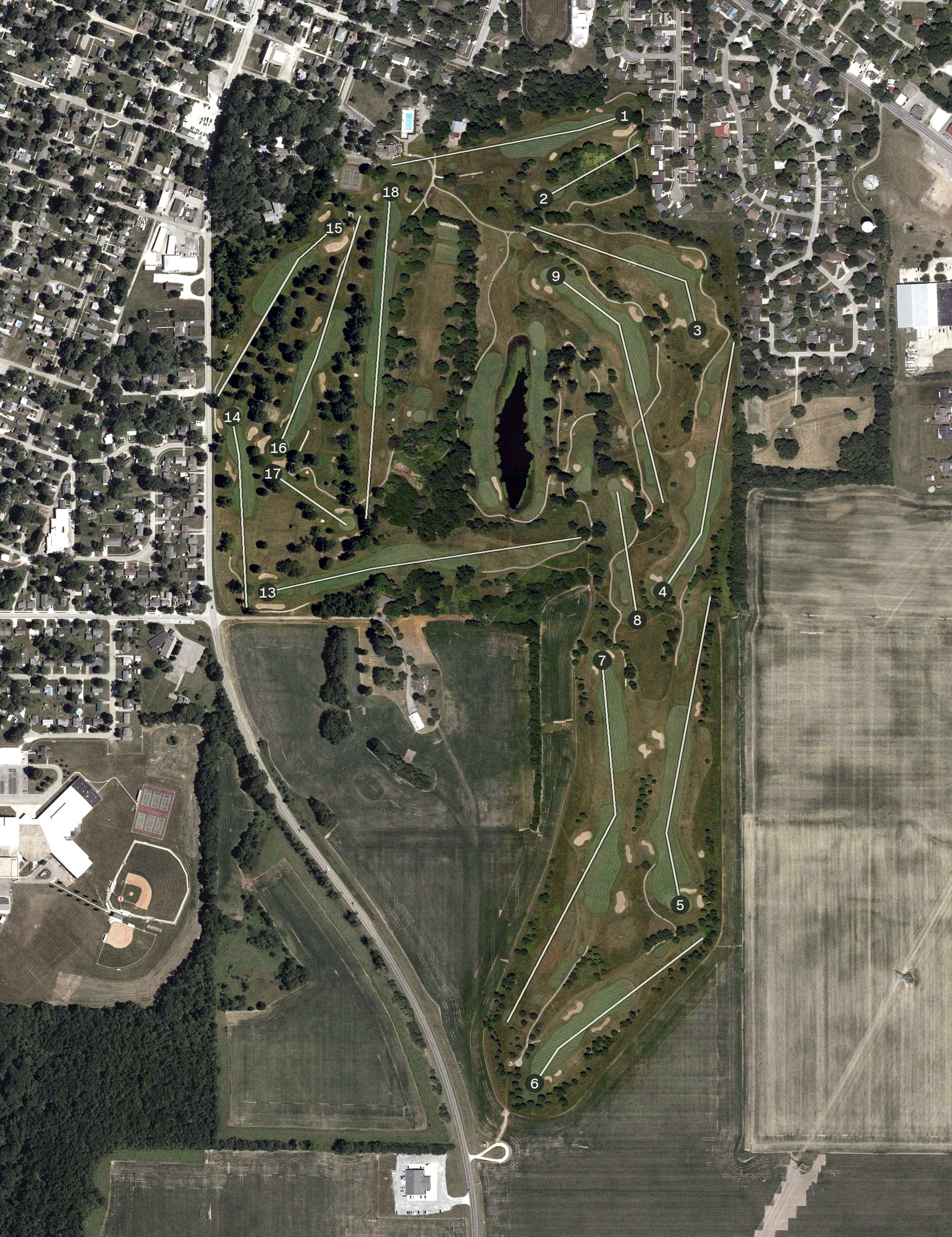 Aerial view of Harrison Hills Golf Course, IN, with its hole routing marked