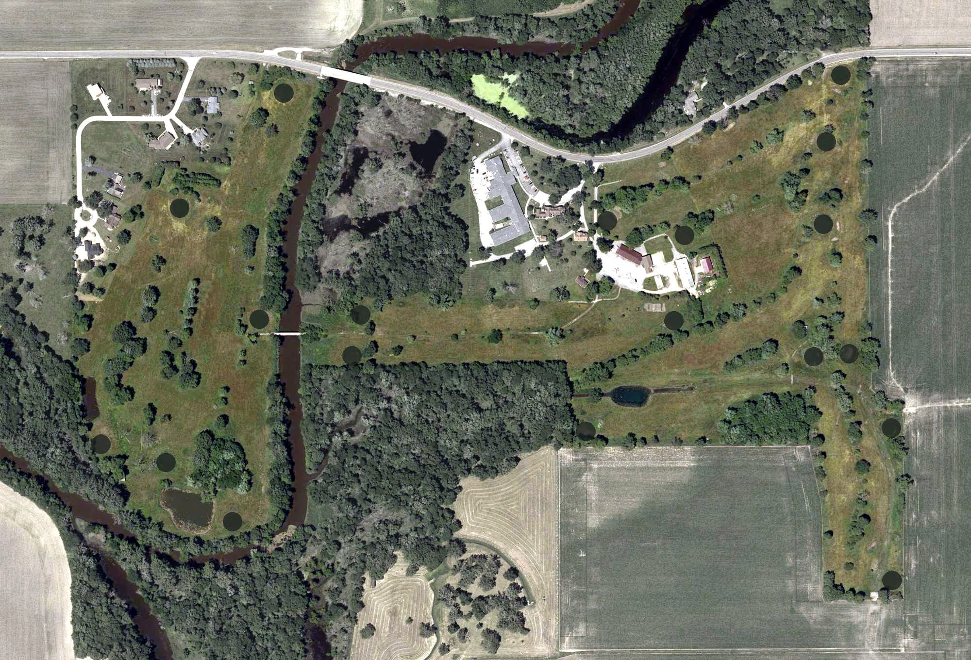 Aerial view of Hazelden Country Club, IN, with its hole routing marked