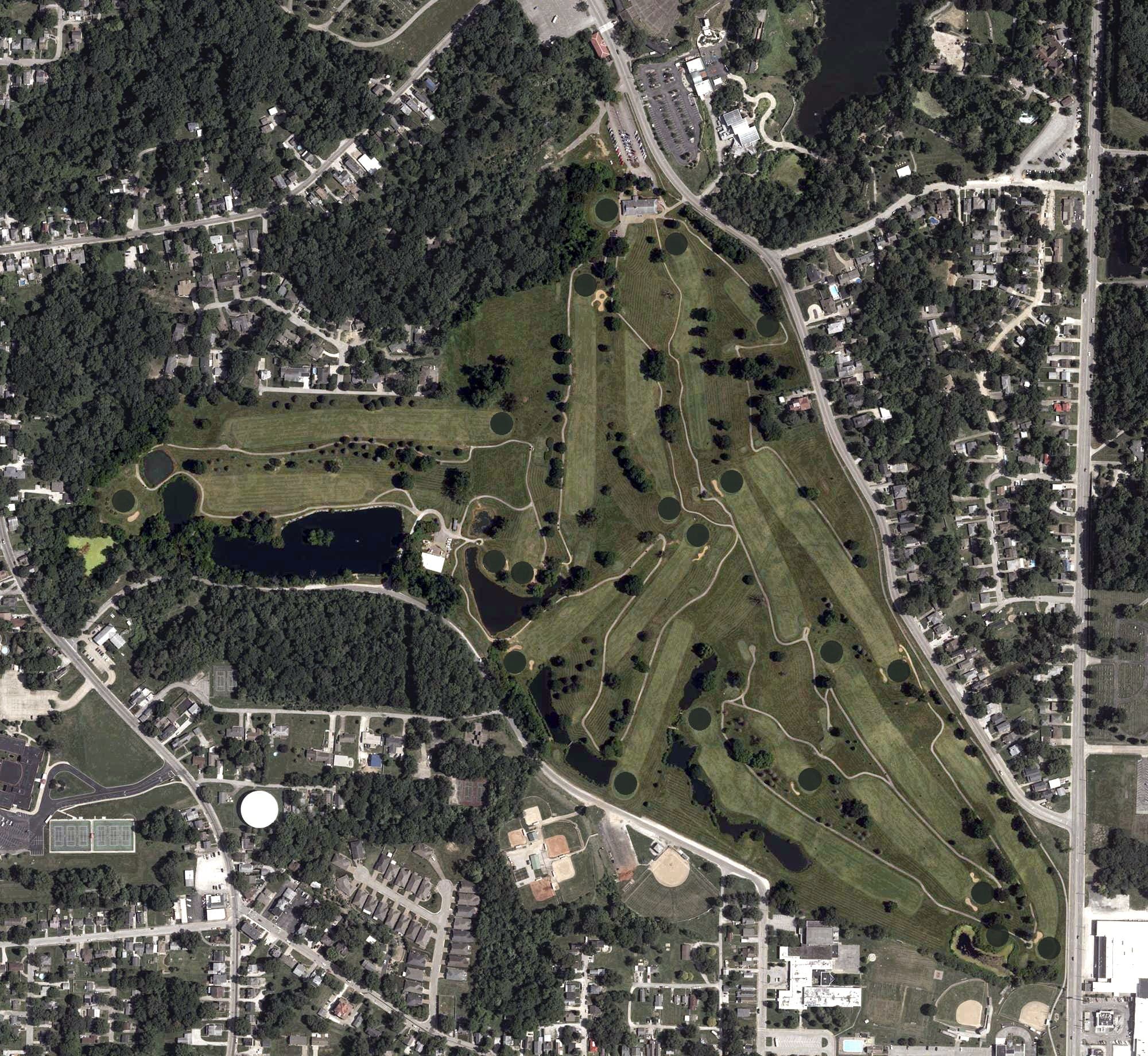 Aerial view of Helfrich Golf Course, IN, with its hole routing marked