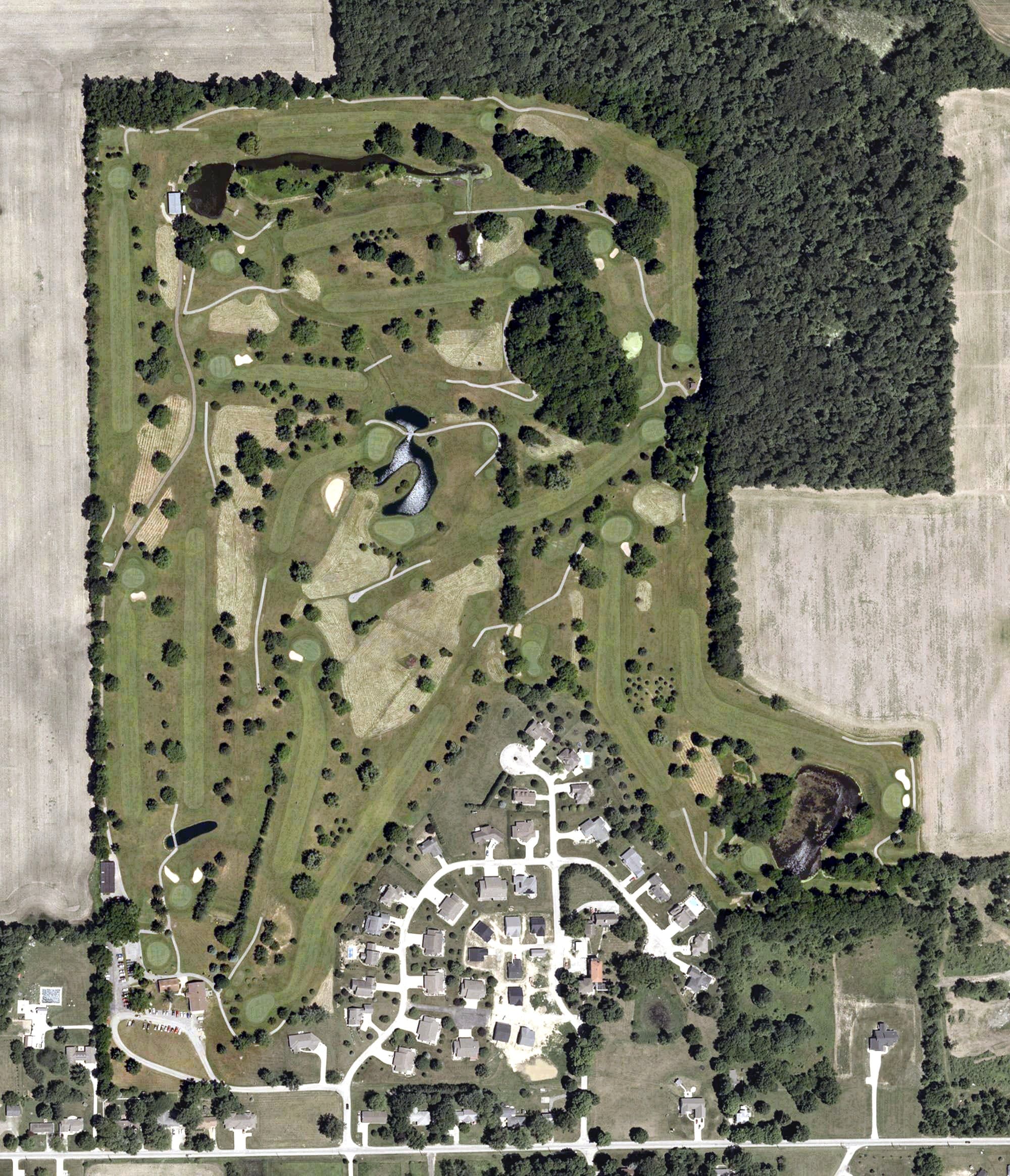 Aerial view of Heron Creek Golf Club, IN, with its hole routing marked