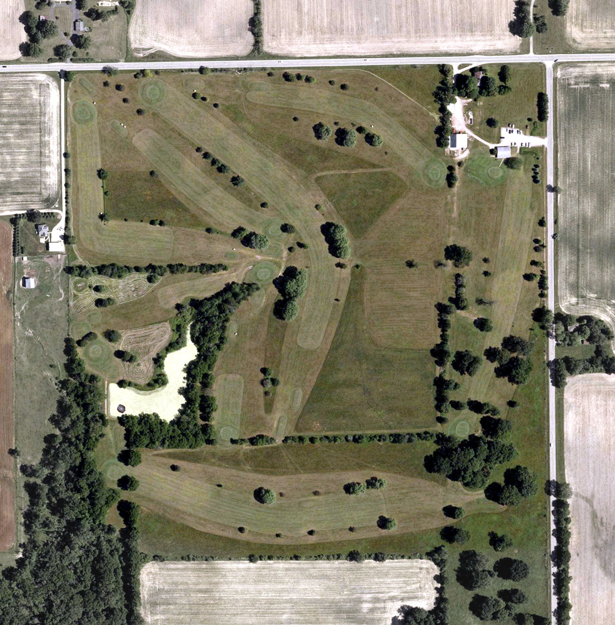 Aerial view of Hickory Bend Golf Course, IN, with its hole routing marked