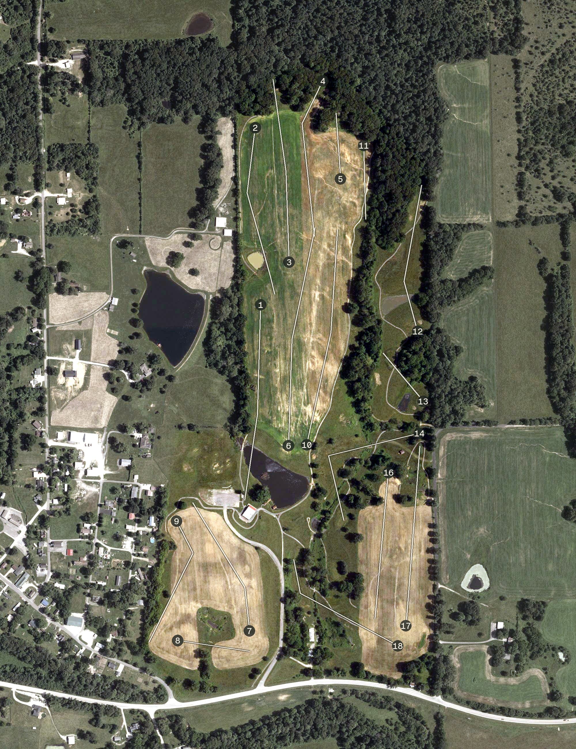 Aerial view of Hidden Hills, IN, with its hole routing marked
