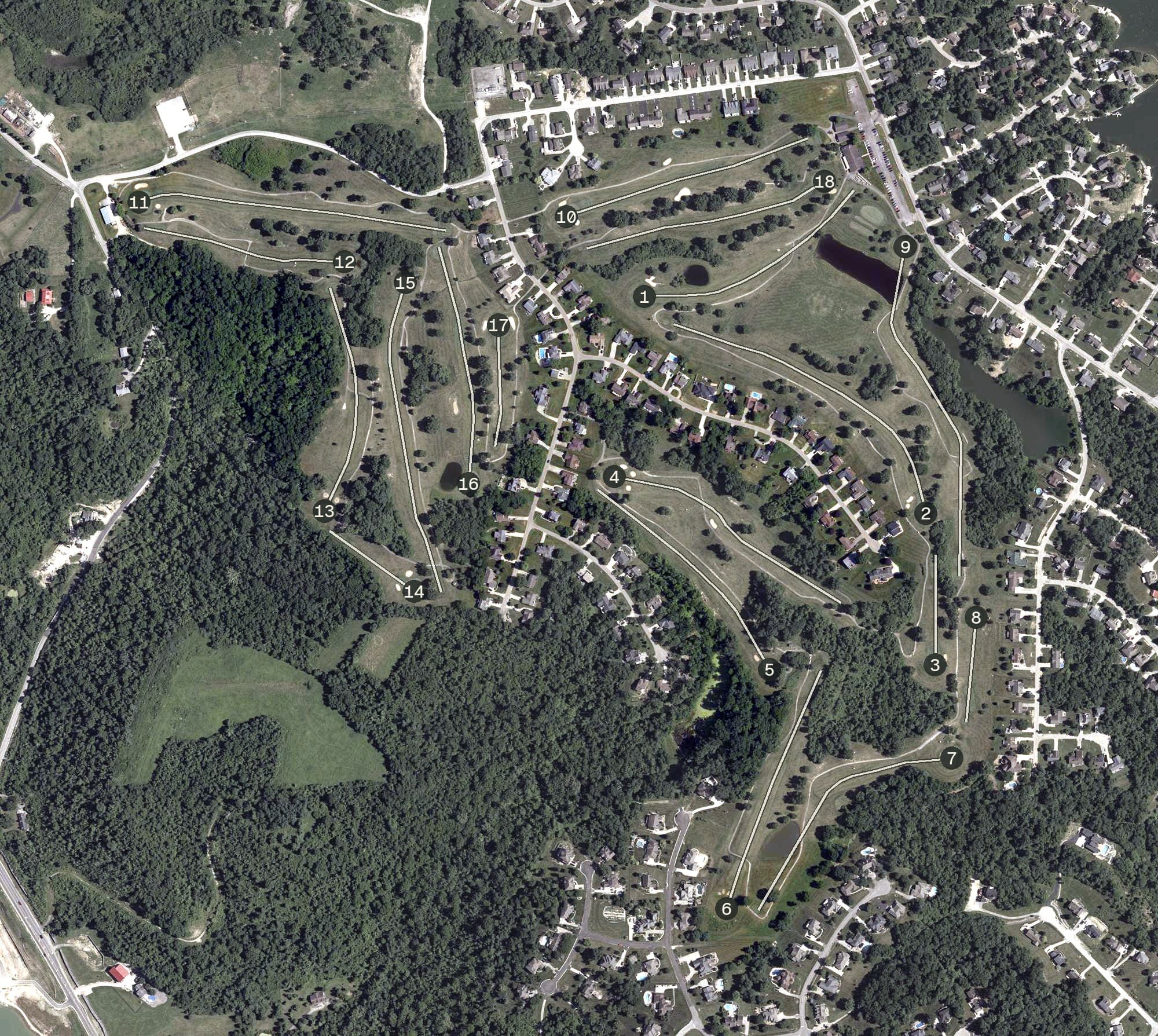 Aerial view of Hidden Valley Golf Club, IN, with its hole routing marked