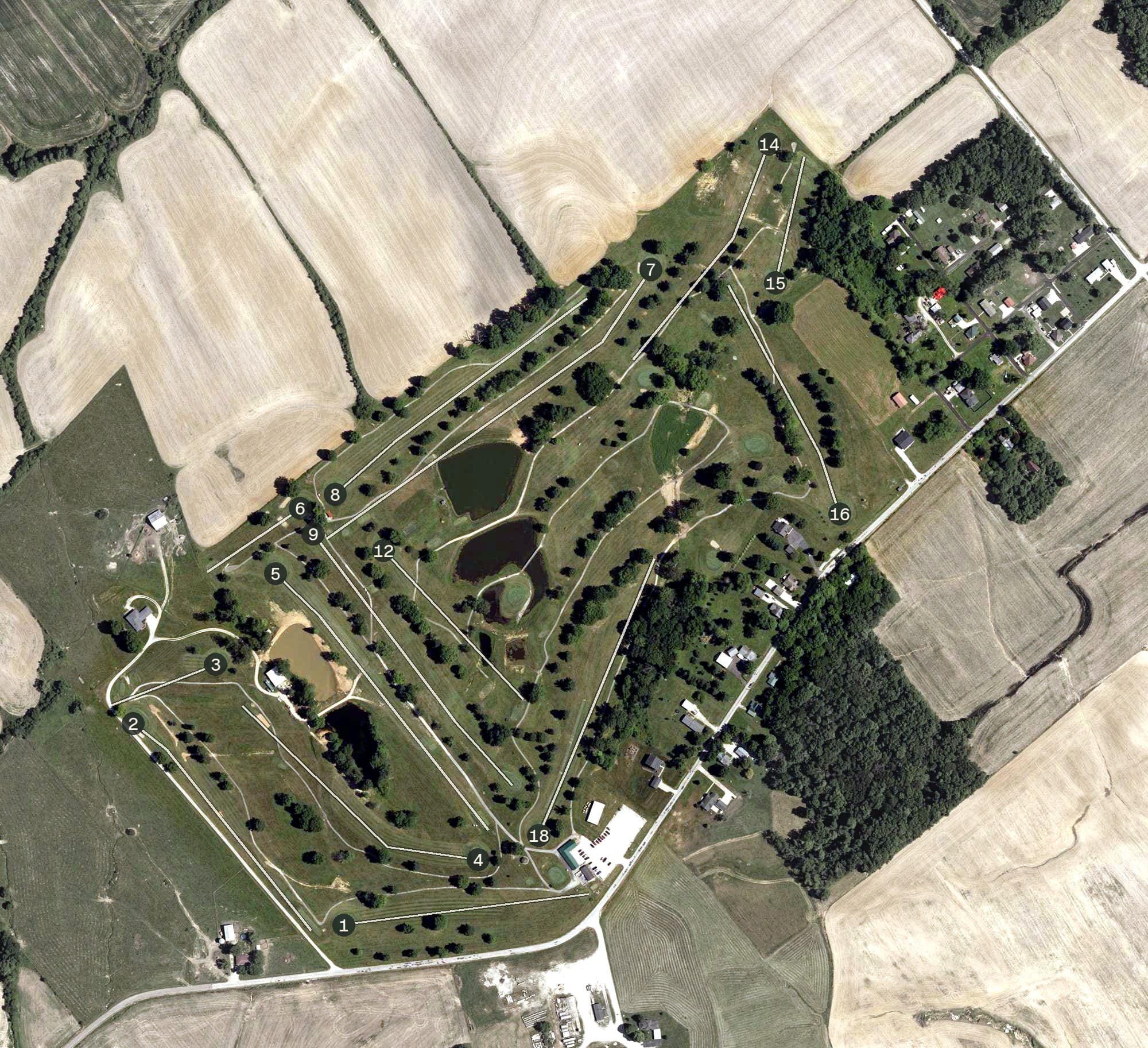 Aerial view of High Pointe Golf Course, IN, with its hole routing marked