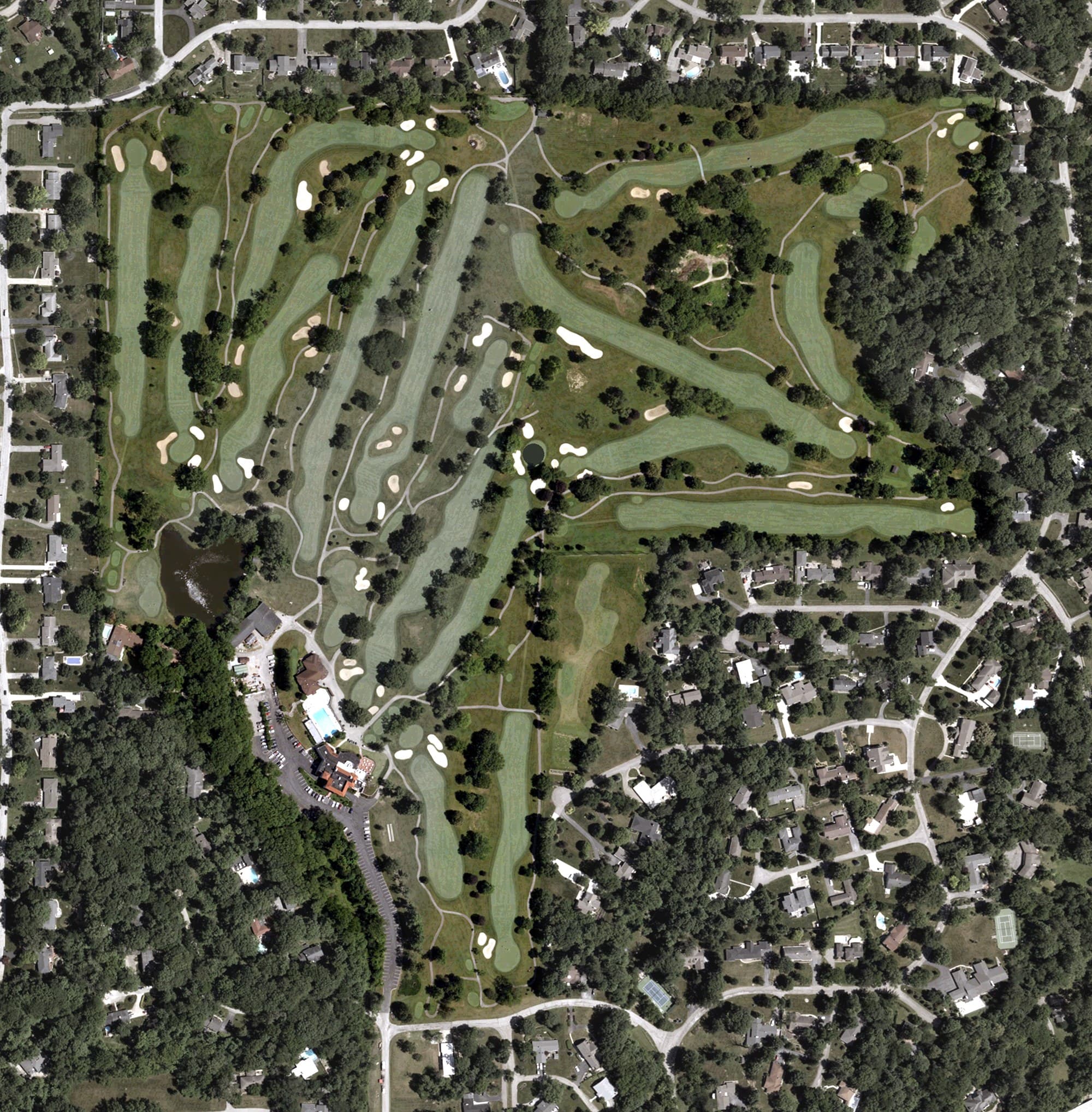 Aerial view of Hillcrest Country Club, IN, with its hole routing marked