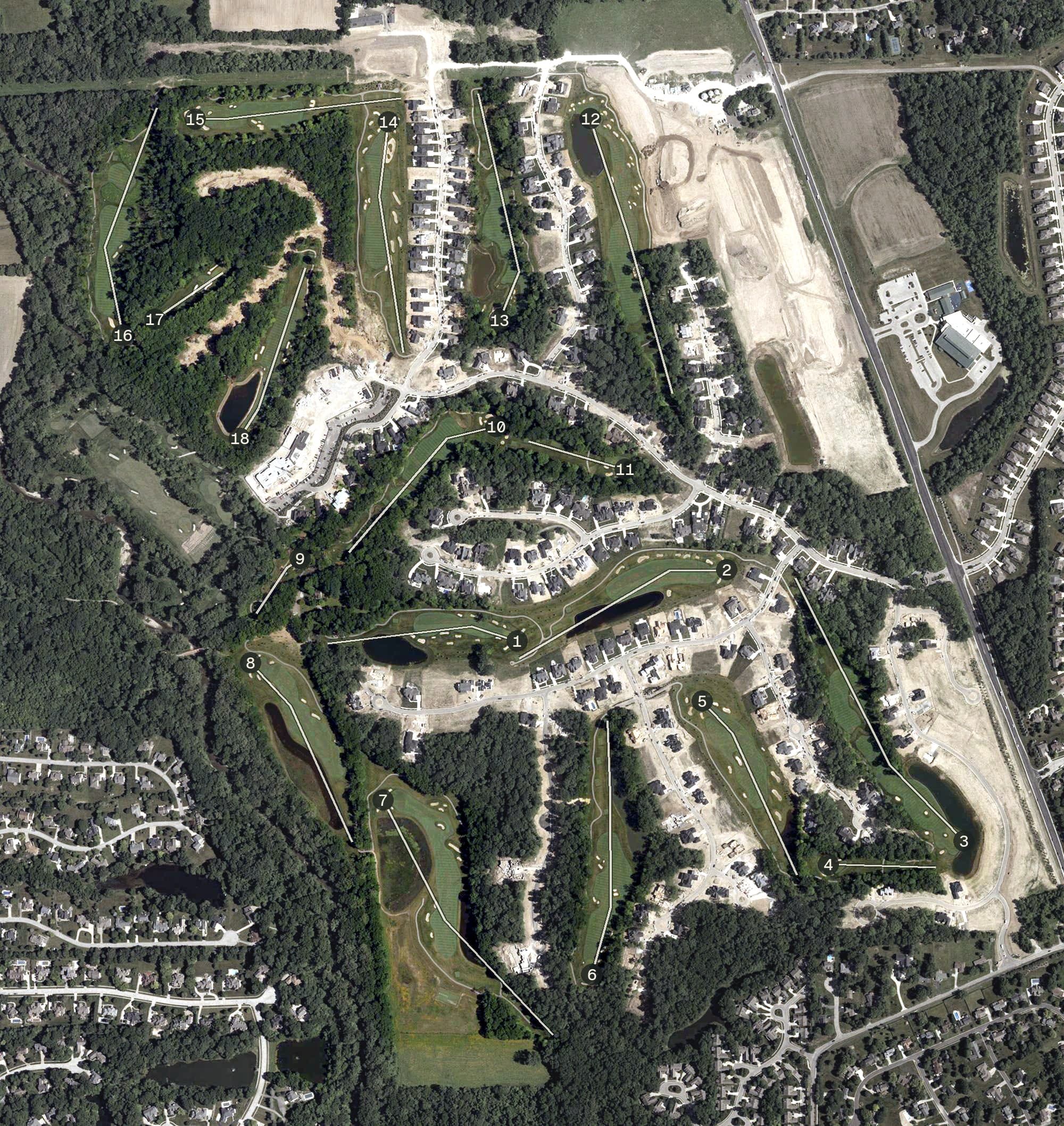 Aerial view of Holliday Farms, IN, with its hole routing marked