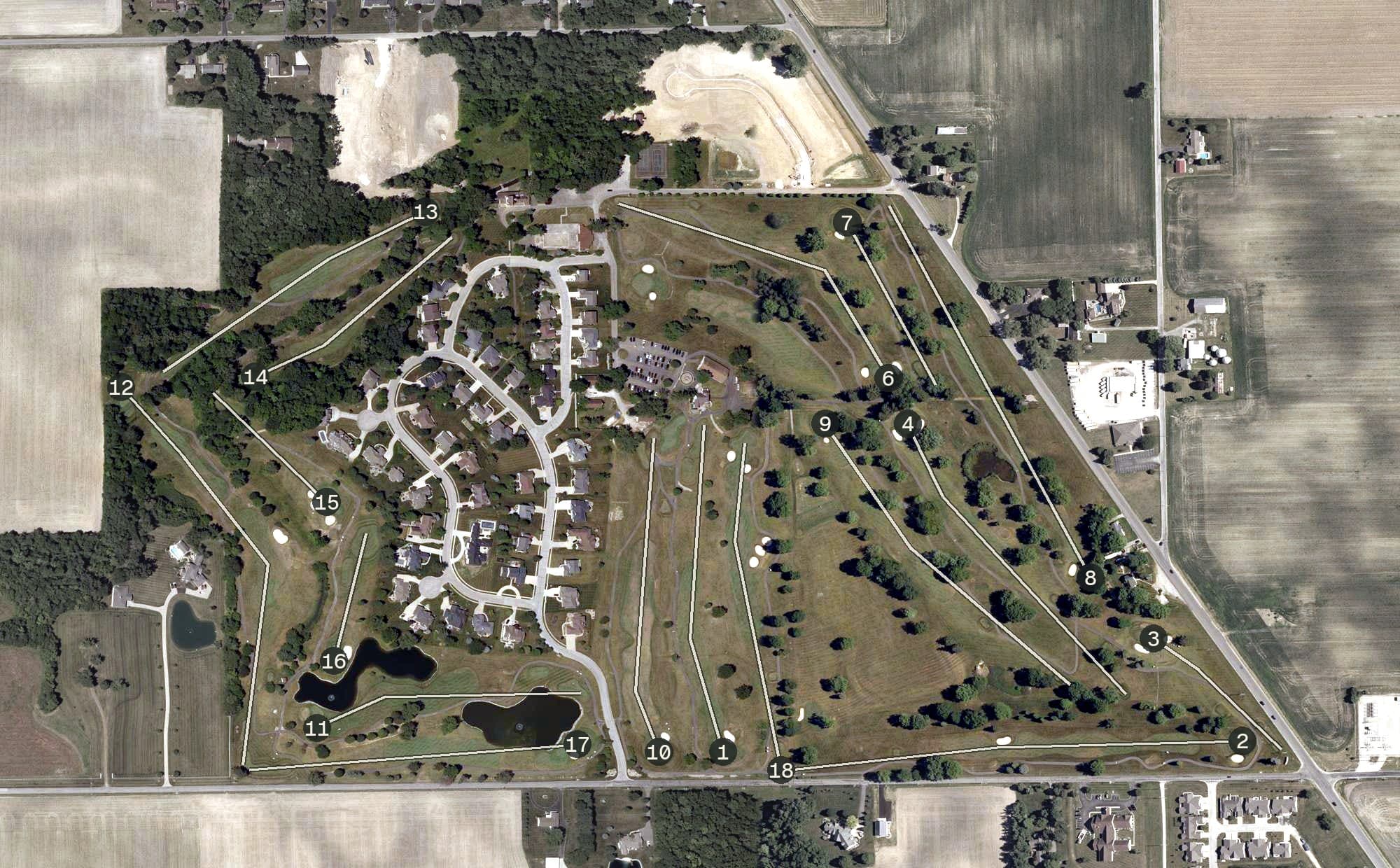 Aerial view of Honeywell Golf Course, IN, with its hole routing marked