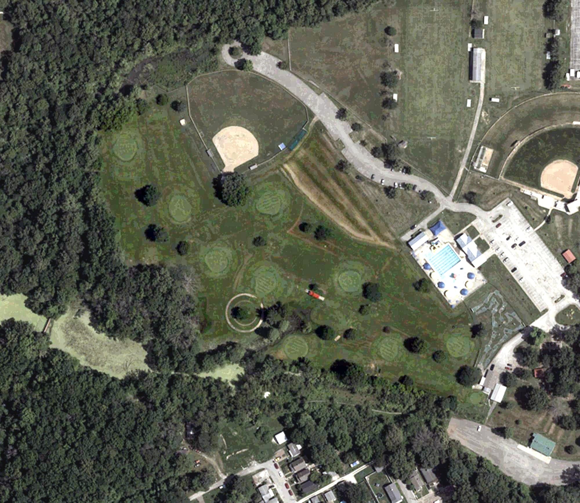 Aerial view of Howell Par 3 Golf Course, IN, with its hole routing marked