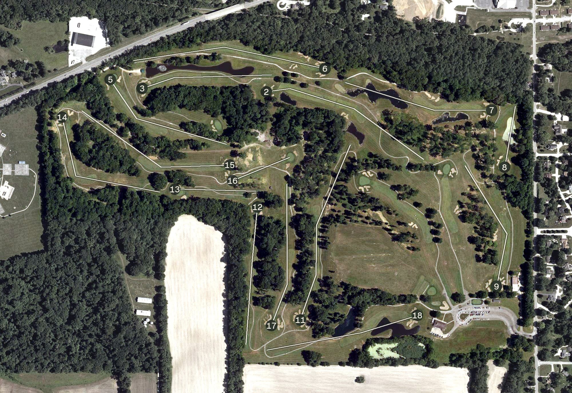 Aerial view of Hulman Links Golf Course, IN, with its hole routing marked