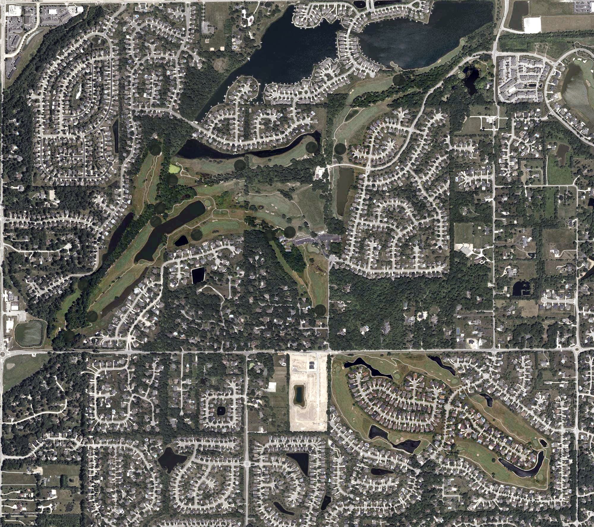 Aerial view of Ironwood Golf Club, IN, with its hole routing marked