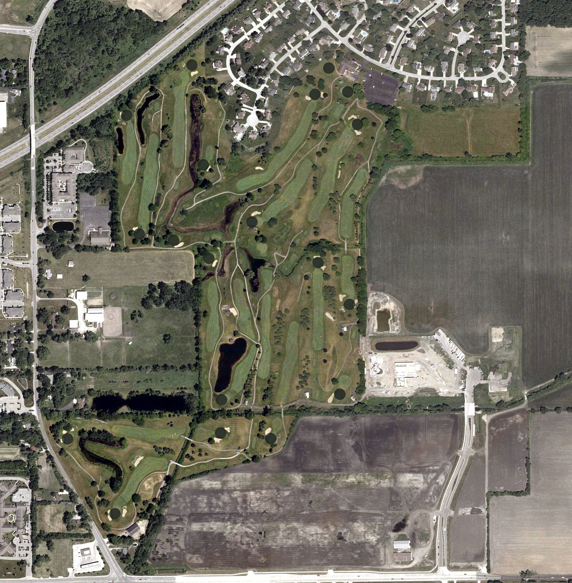 Aerial view of Juday Creek Golf Course, IN, with its hole routing marked