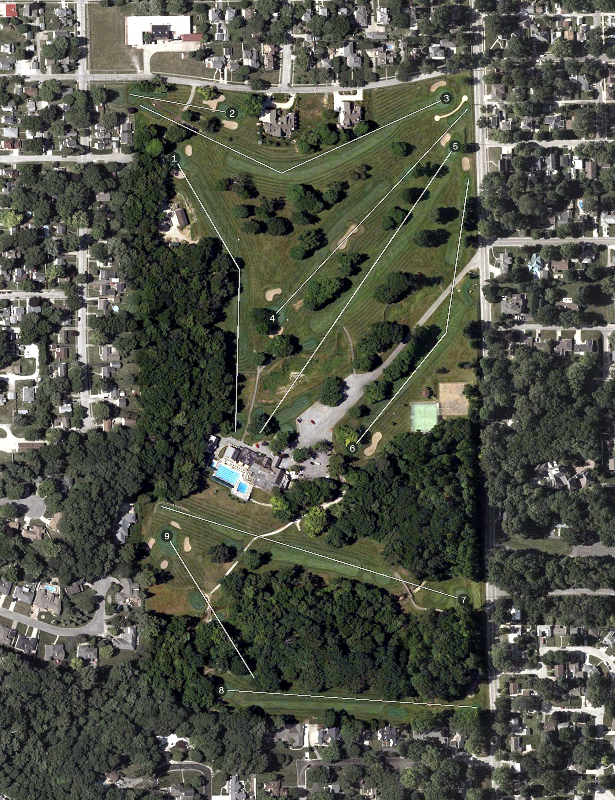 Aerial view of Lafayette Country Club, IN, with its hole routing marked