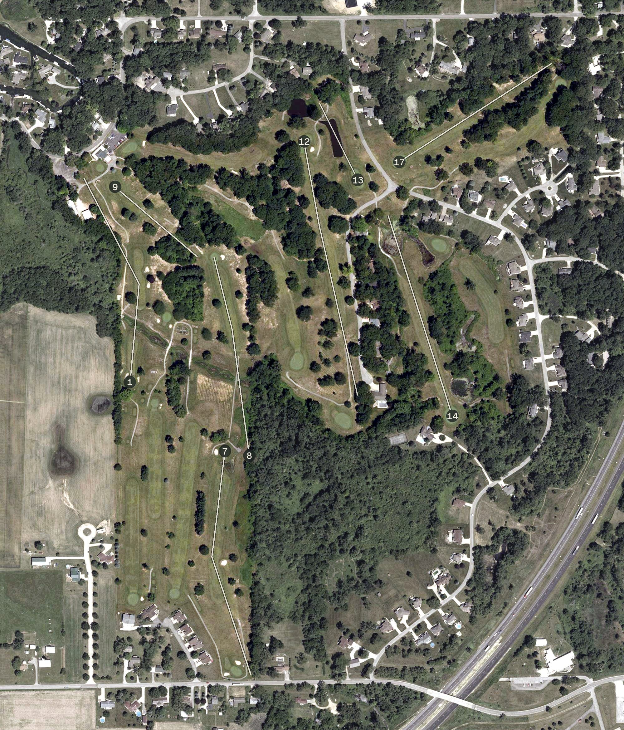 Aerial view of Lake James Golf Course, IN, with its hole routing marked