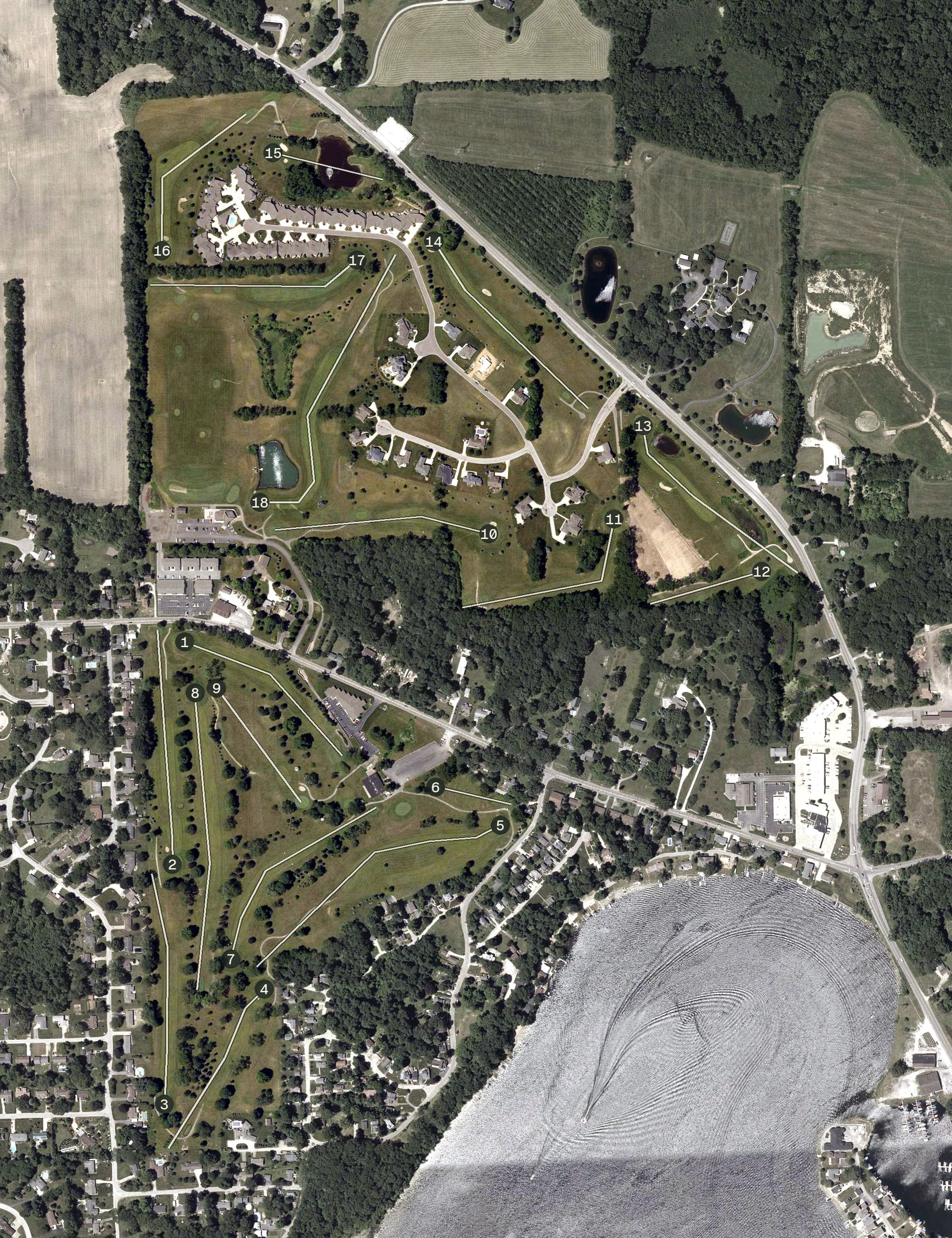 Aerial view of Legacy Hills Golf Club, IN, with its hole routing marked