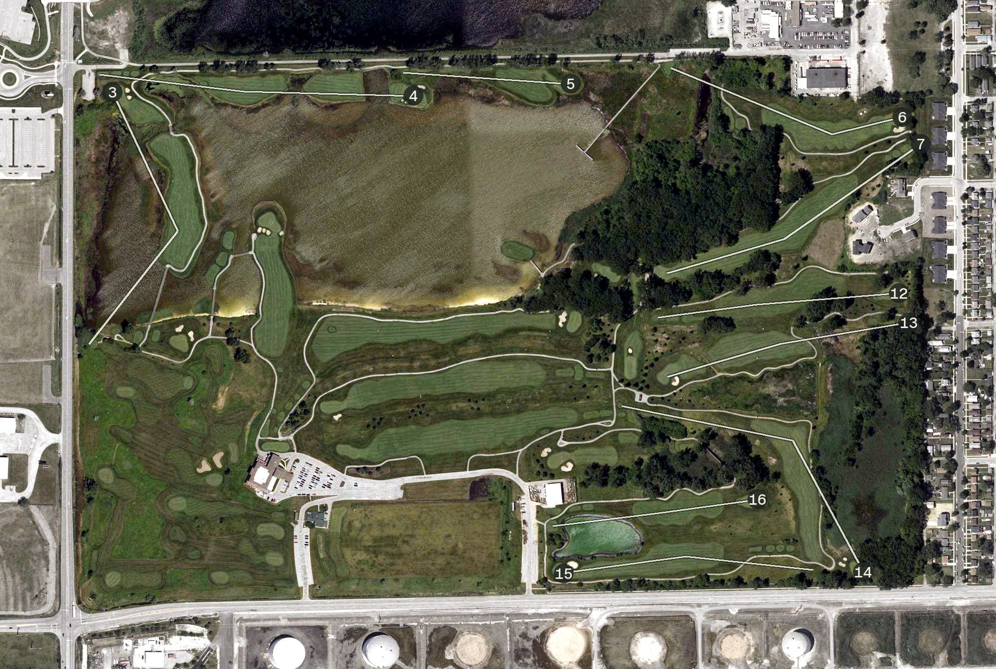 Aerial view of Lost Marsh Golf Course, IN, with its hole routing marked