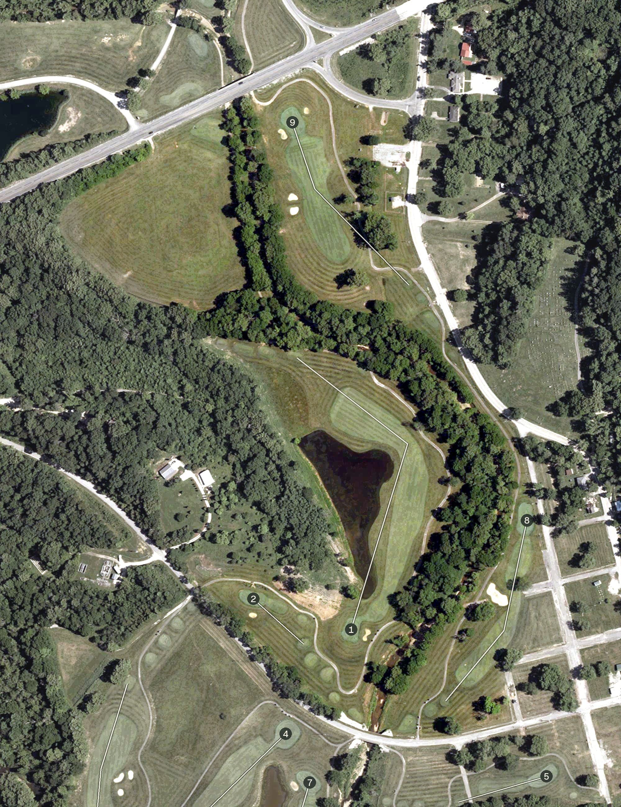 Aerial view of Lucas Oil Golf Course, IN, with its hole routing marked