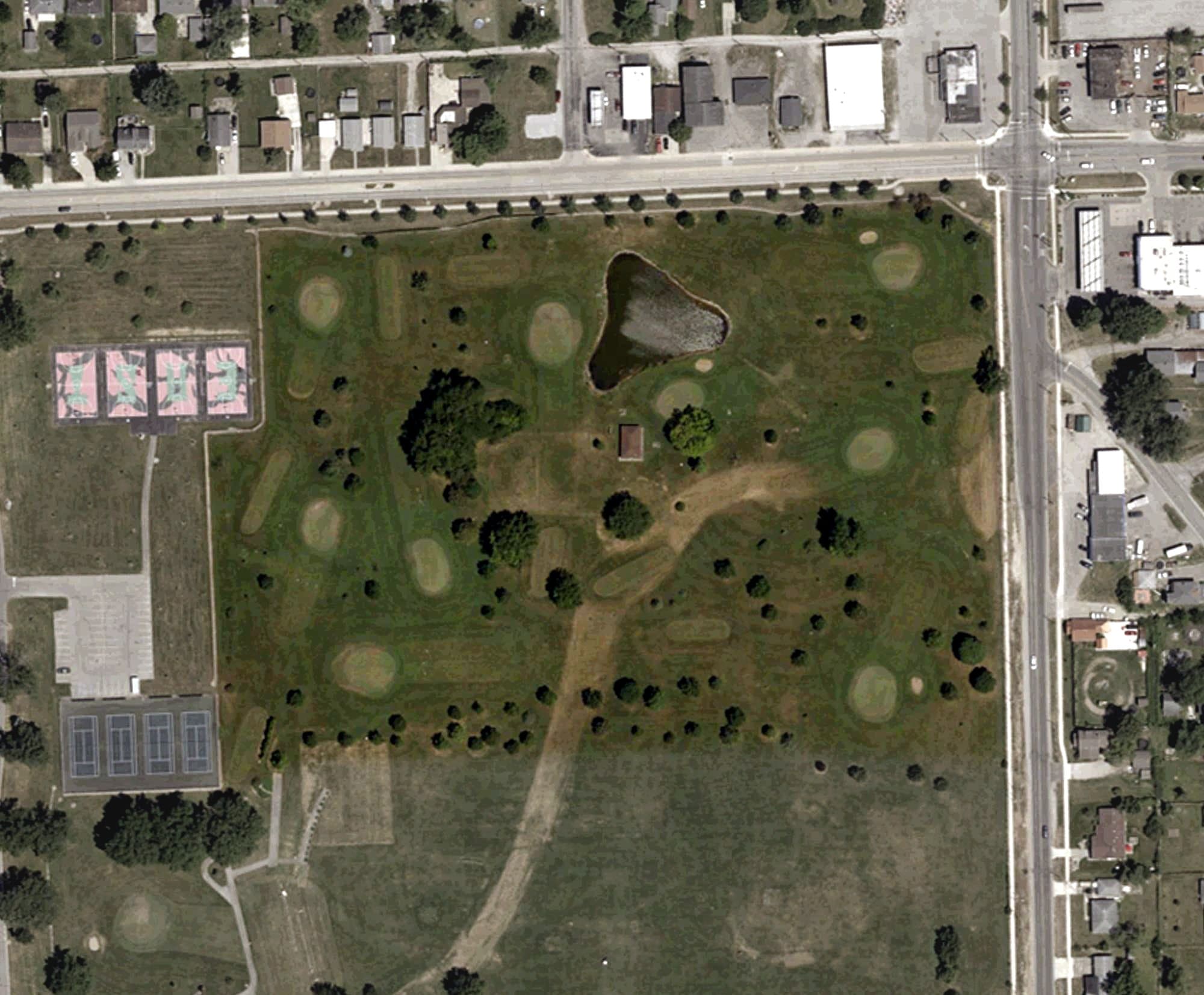 Aerial view of Mad Anthony III's Short Course, IN, with its hole routing marked