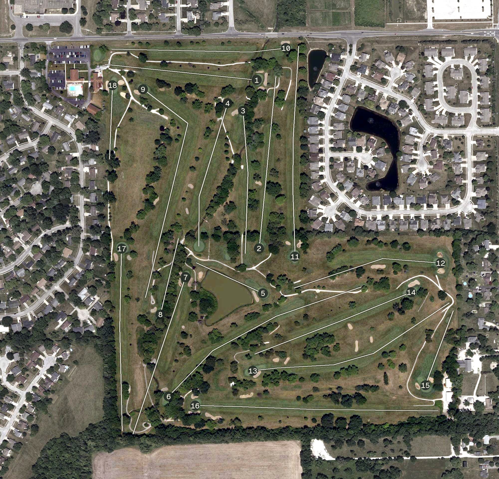 Aerial view of Maple Creek Golf and Country Club, IN, with its hole routing marked