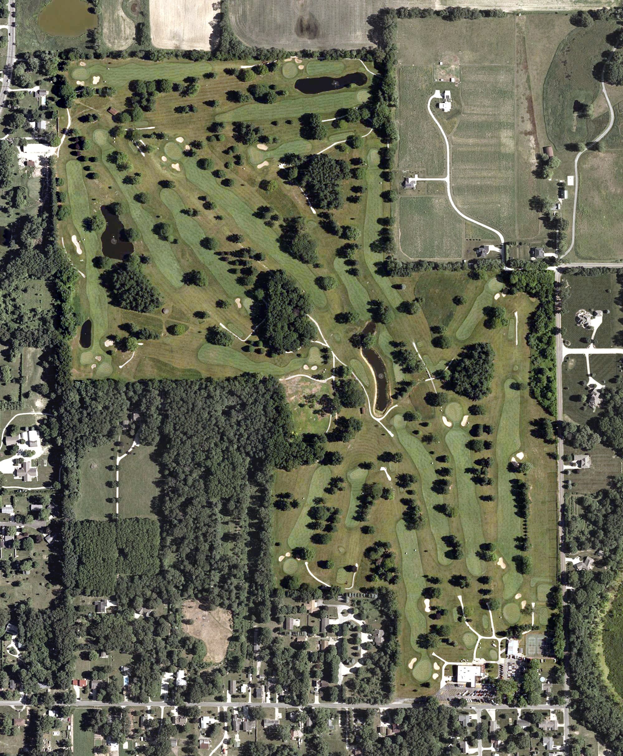 Aerial view of Maplecrest Country Club, IN, with its hole routing marked