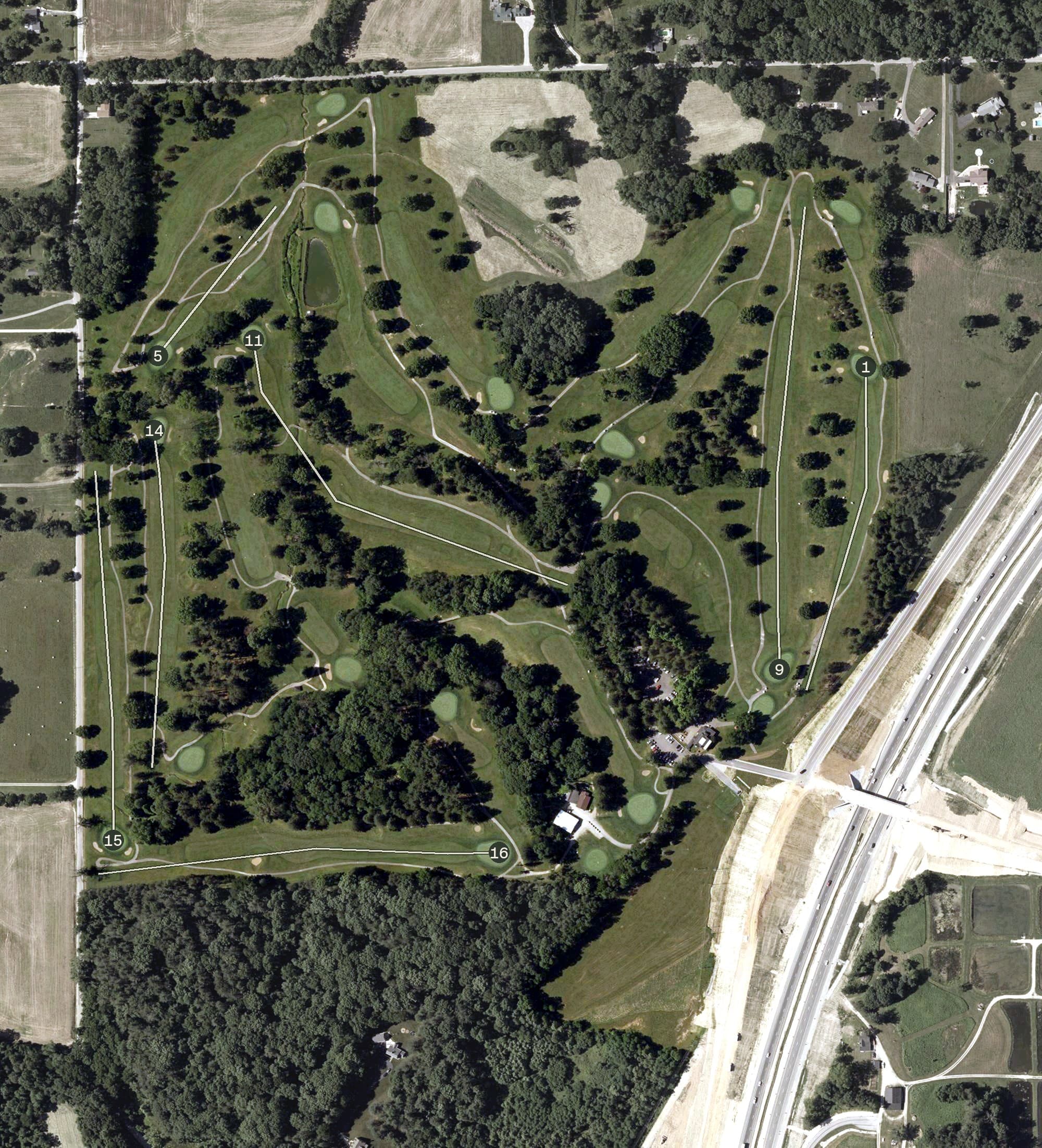 Aerial view of Martinsville Golf Club, IN, with its hole routing marked