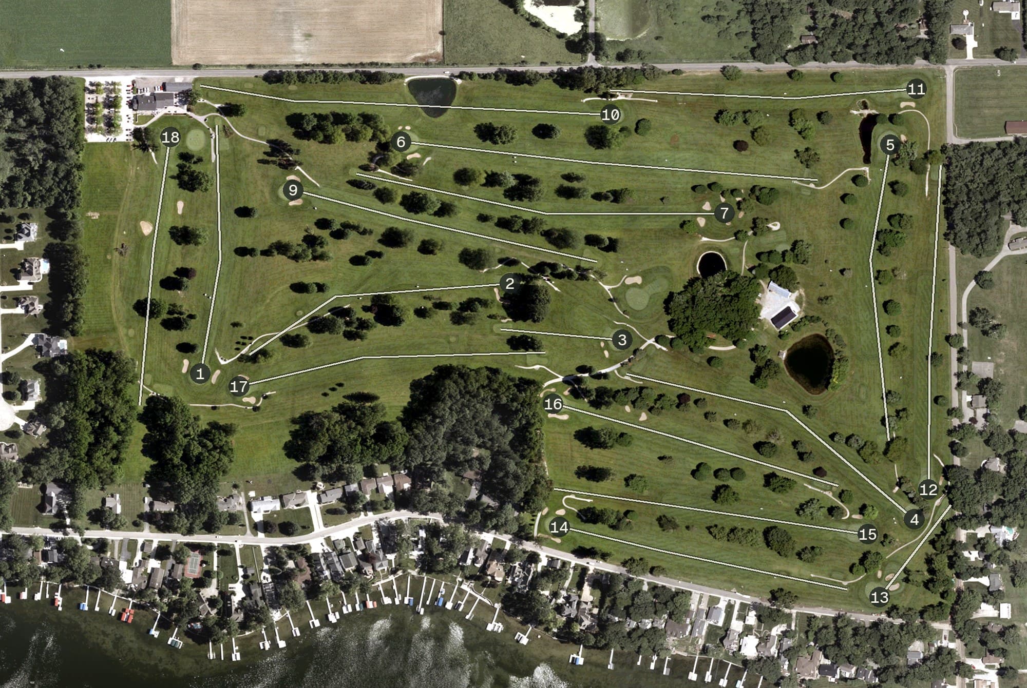 Aerial view of Maxwelton Golf Club, IN, with its hole routing marked