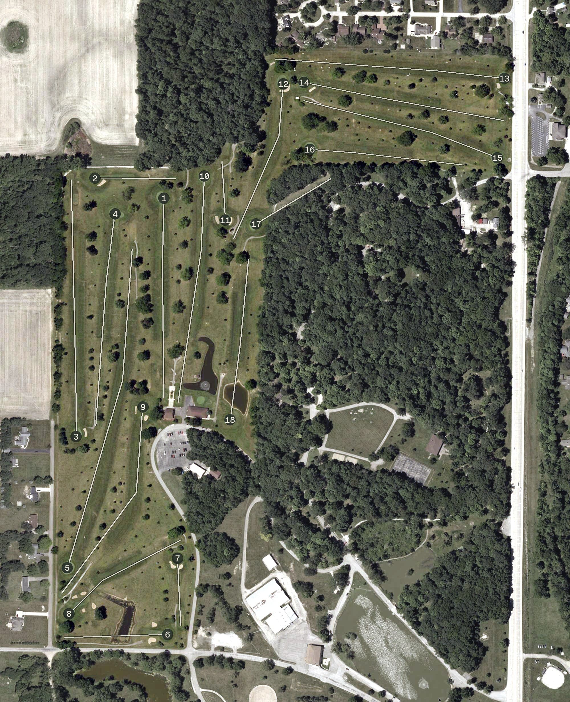 Aerial view of Memorial Park Golf Course, IN, with its hole routing marked