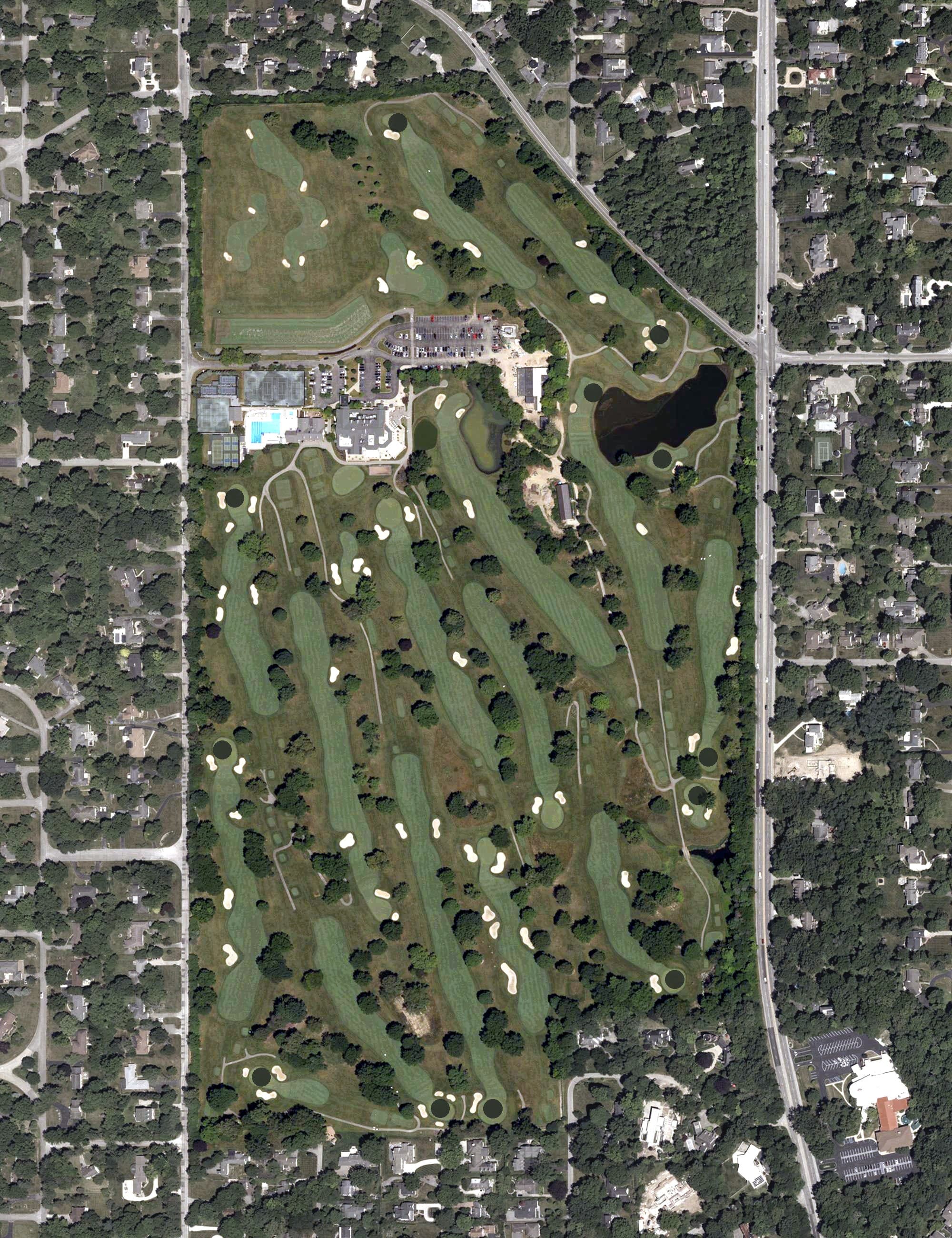 Aerial view of Meridian Hills County Club, IN, with its hole routing marked