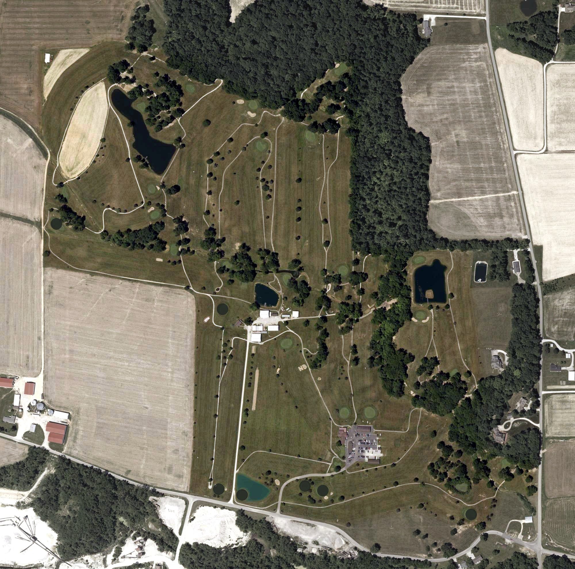 Aerial view of North Branch Golf Course, IN, with its hole routing marked