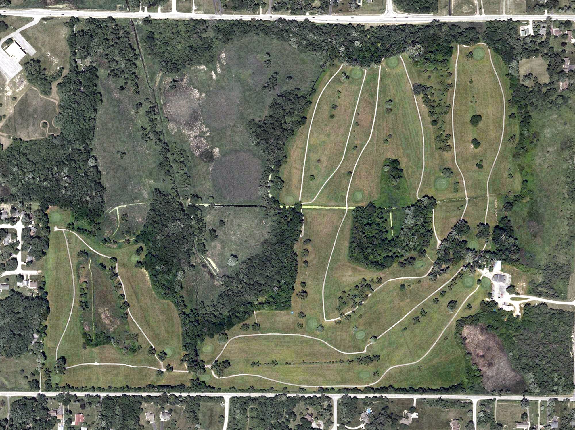 Aerial view of Oak Knoll Golf Course, IN, with its hole routing marked