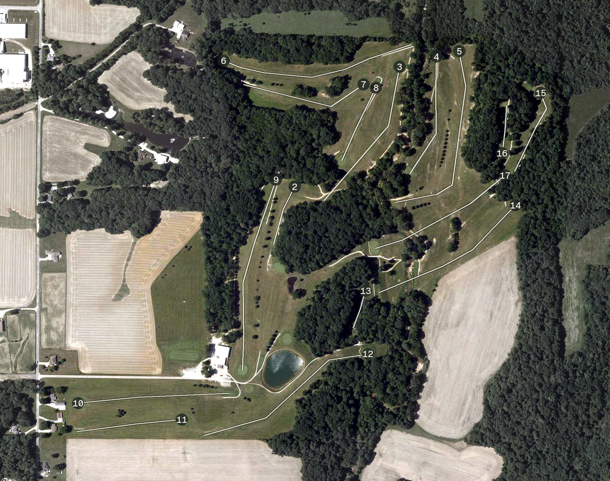 Aerial view of Oak Ridge Golf Course, IN, with its hole routing marked