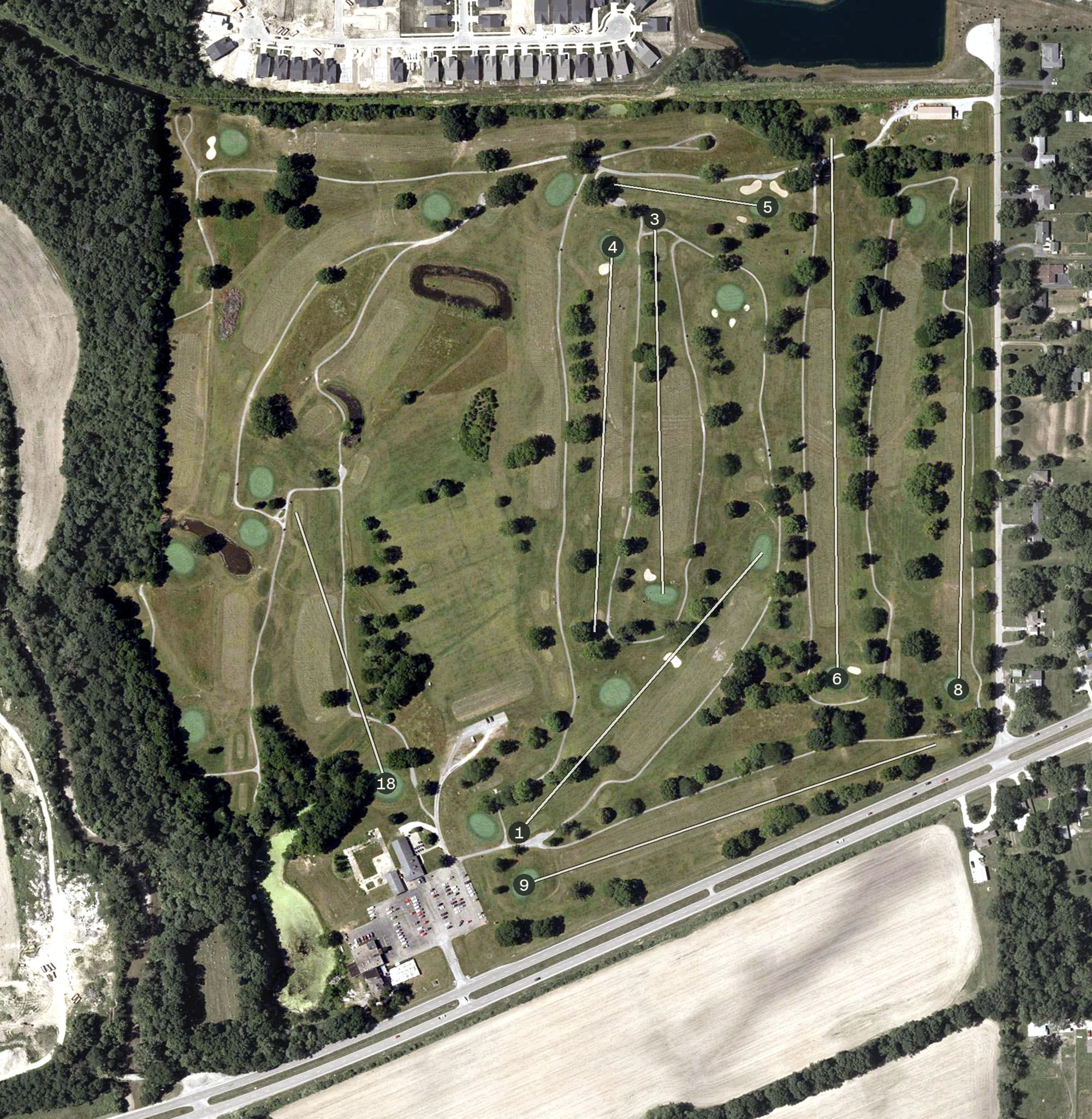 Aerial view of Oaktree Golf Course, IN, with its hole routing marked