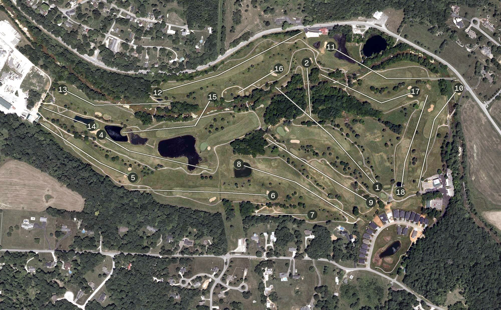 Aerial view of Old Capital Golf Club, IN, with its hole routing marked