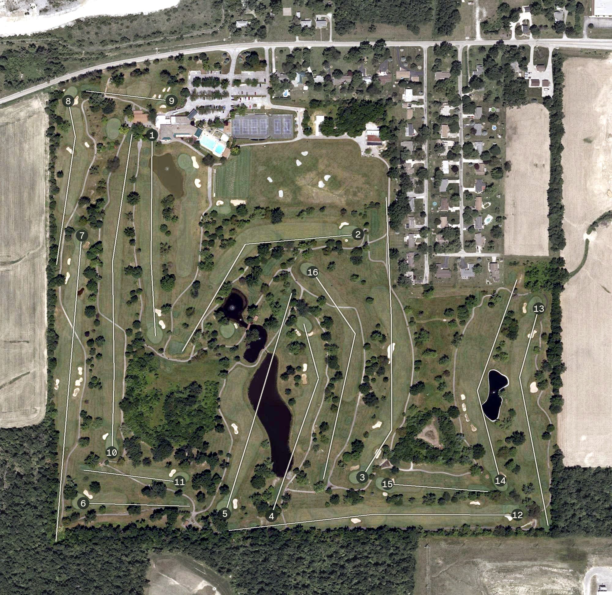 Aerial view of Orchard Ridge Country Club, IN, with its hole routing marked