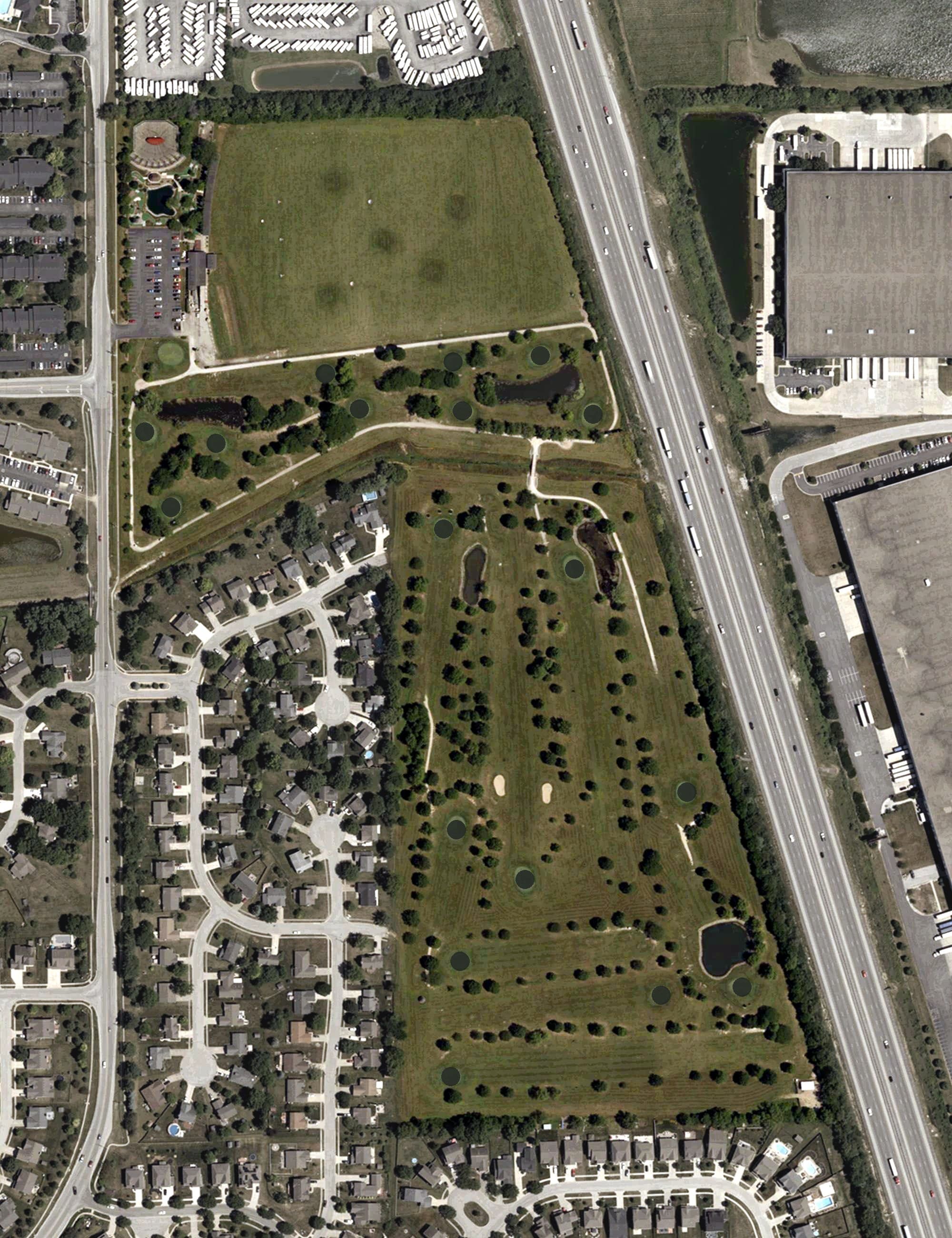 Aerial view of Otte Golf & Family Fun Center, IN, with its hole routing marked