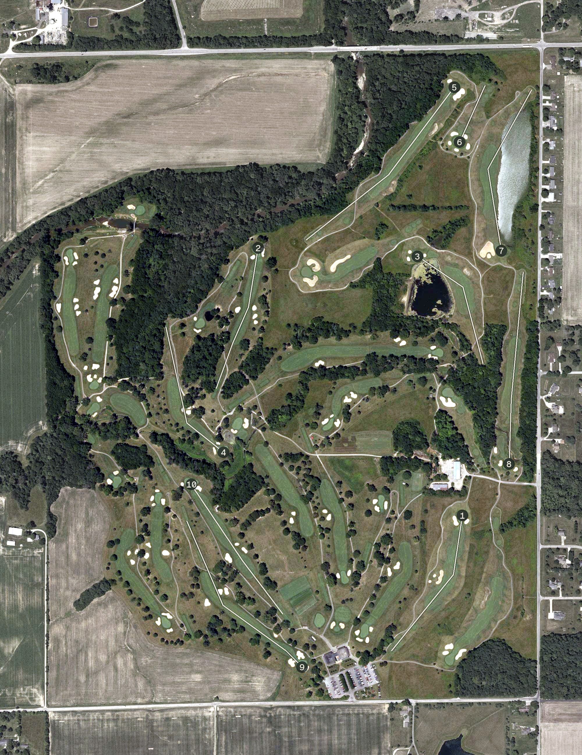 Aerial view of Otter Creek Golf Course, IN, with its hole routing marked