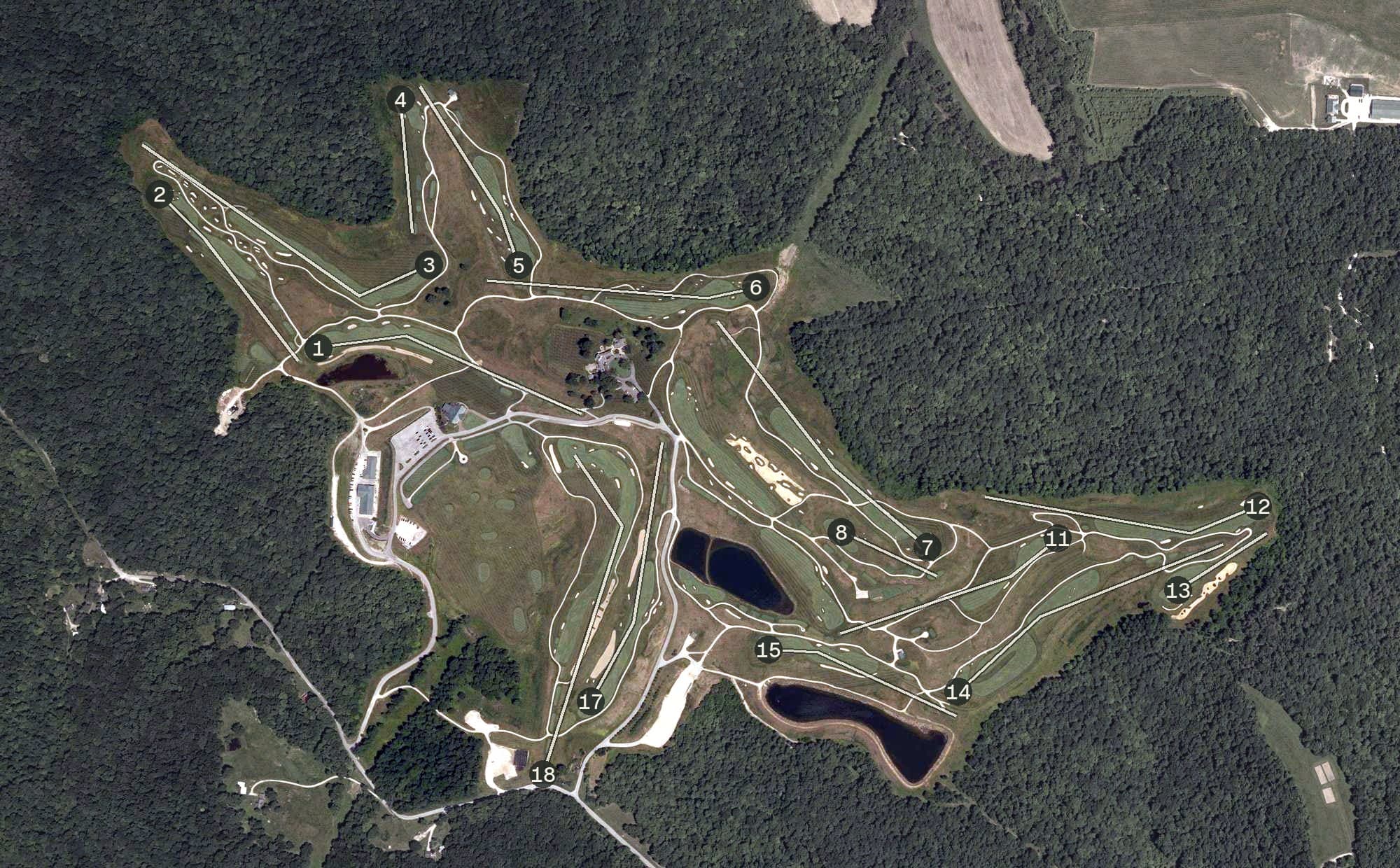 Aerial view of Pete Dye Course, IN, with its hole routing marked