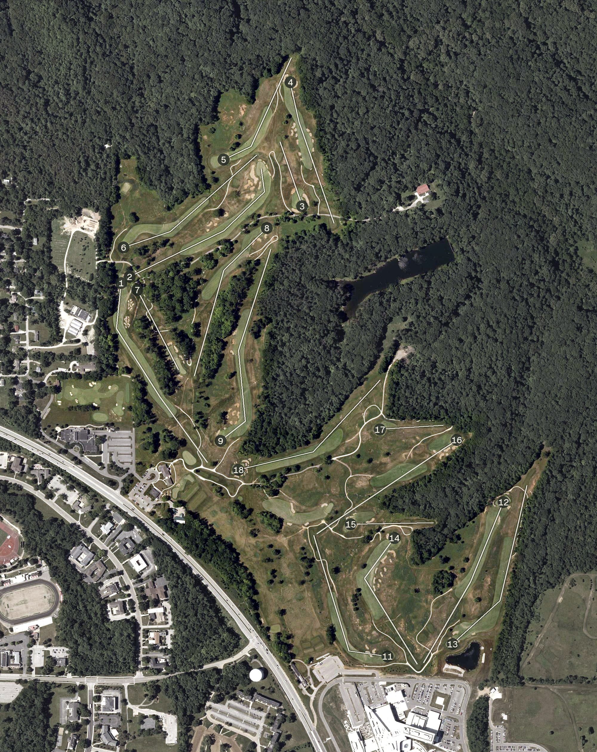 Aerial view of Pfau Golf Course at Indiana University, IN, with its hole routing marked