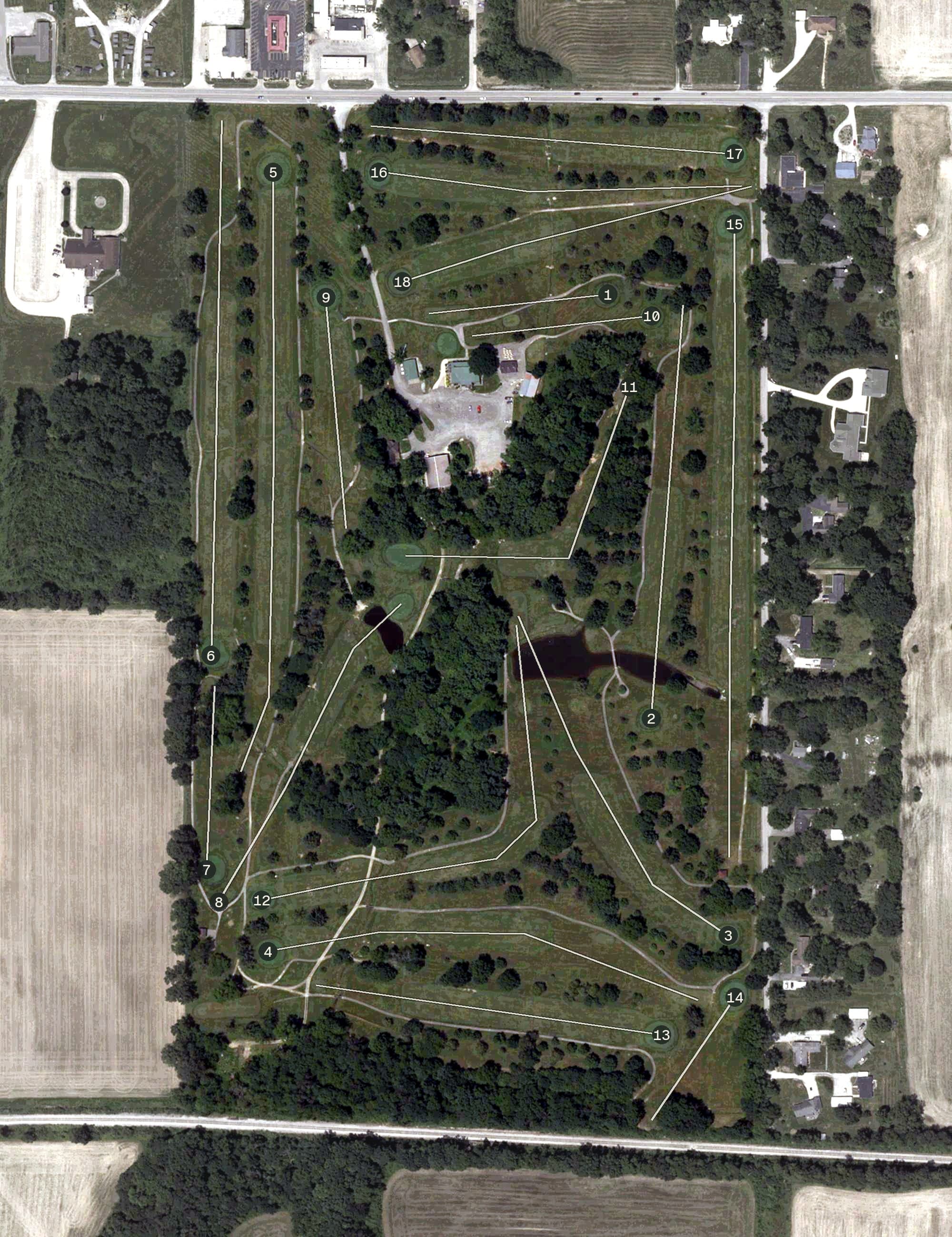 Aerial view of Phil Harris Golf Course, IN, with its hole routing marked