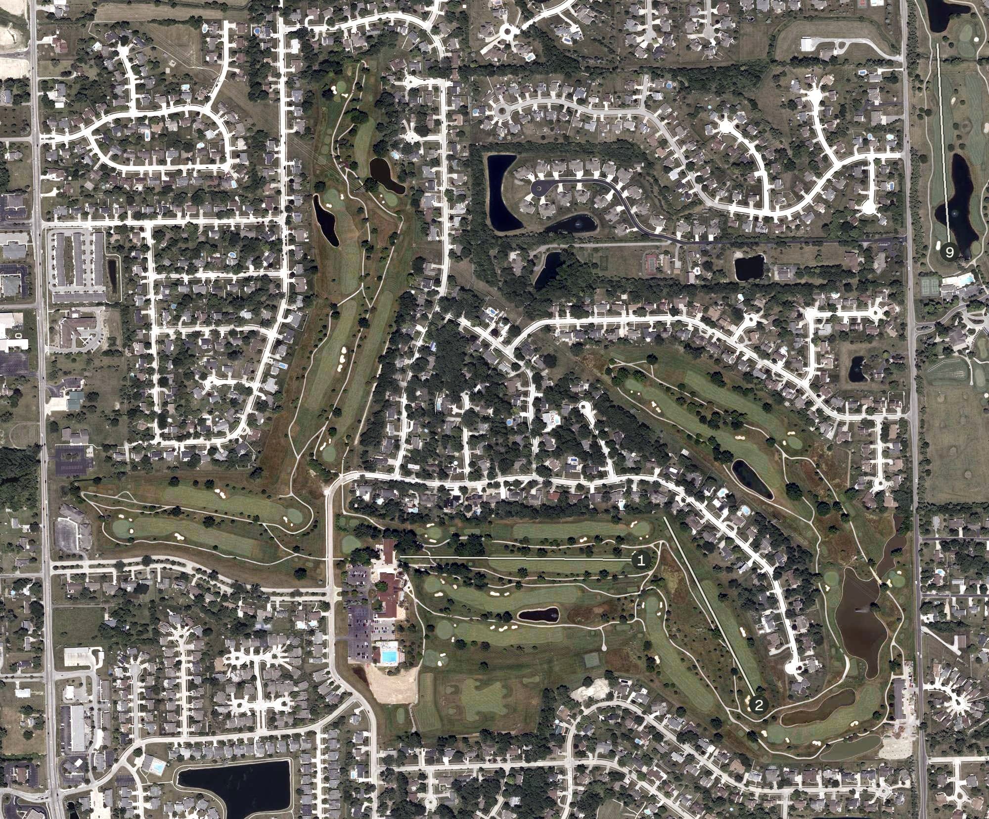 Aerial view of Pine Valley Country Club, IN, with its hole routing marked