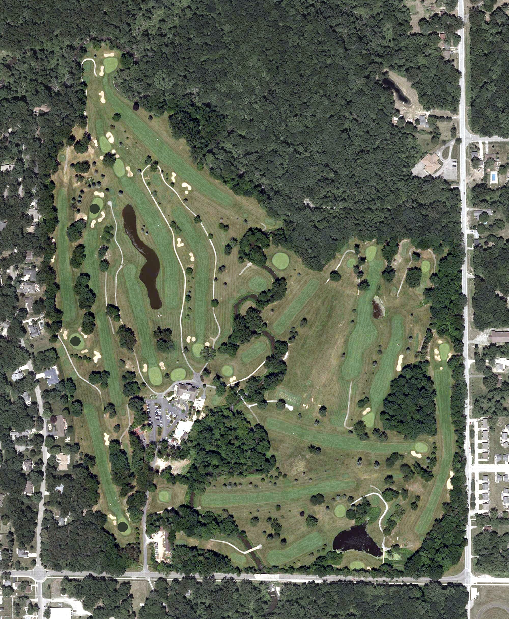 Aerial view of Pottawattamie Country Club, IN, with its hole routing marked