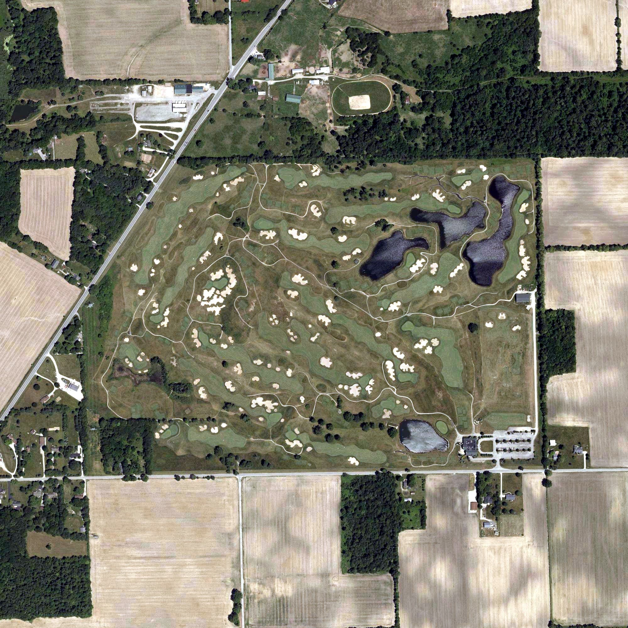 Aerial view of Purgatory Golf Club, IN, with its hole routing marked