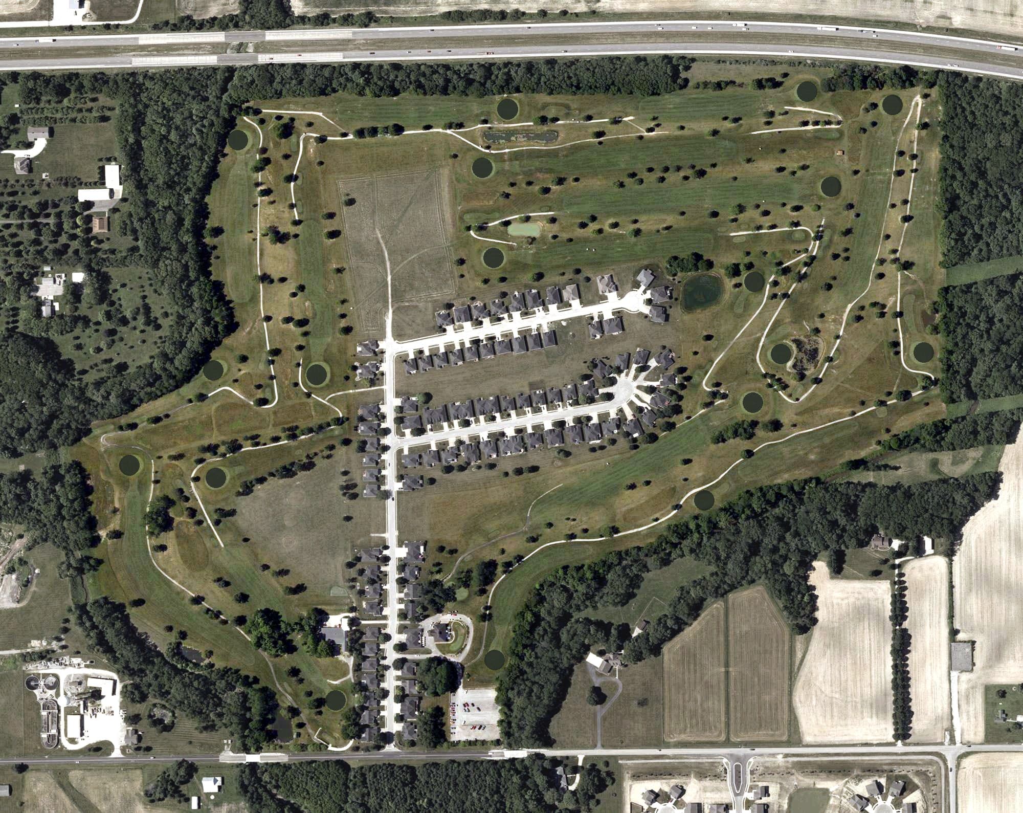 Aerial view of Quail Creek Golf Club, IN, with its hole routing marked