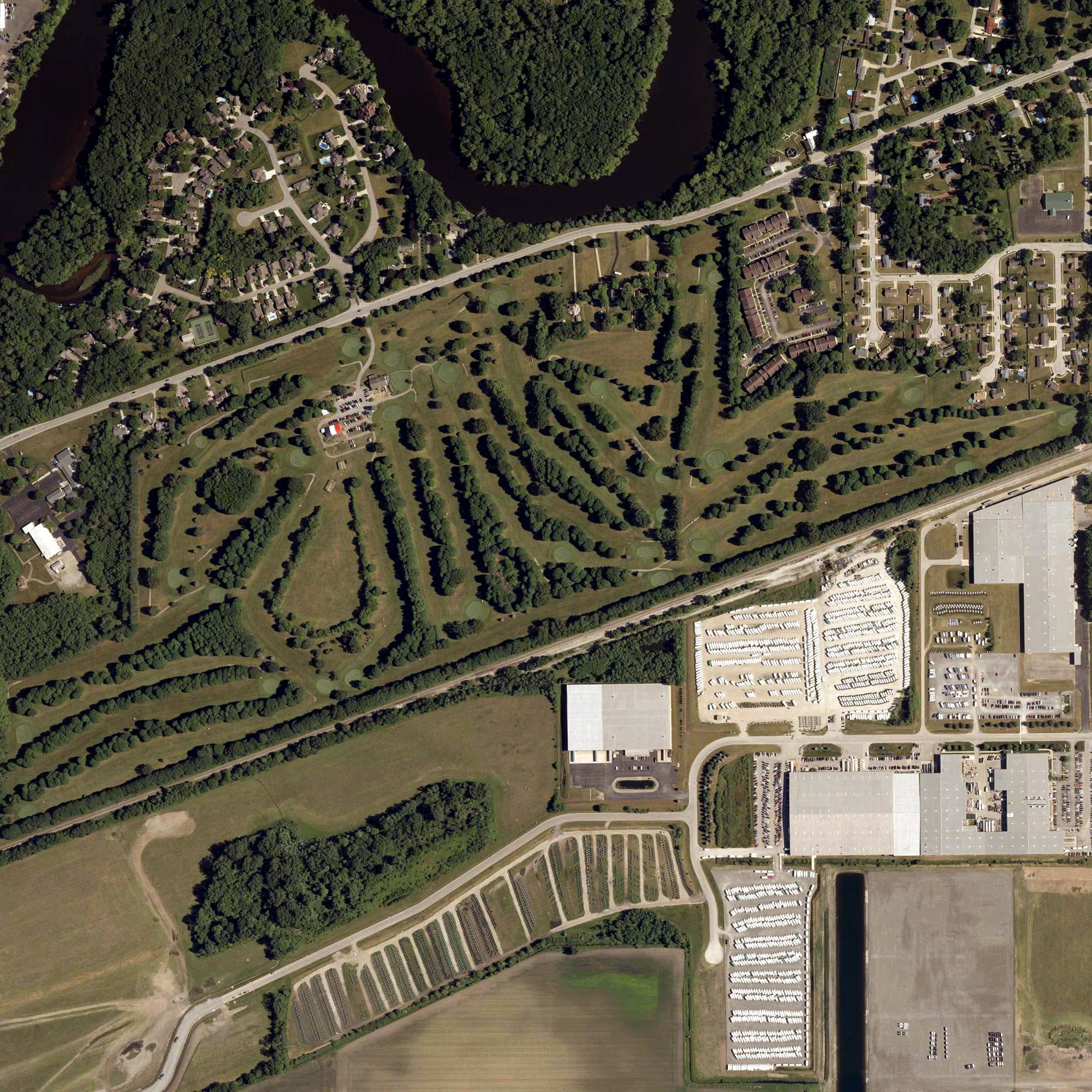 Aerial view of Raber Golf Course, IN, with its hole routing marked