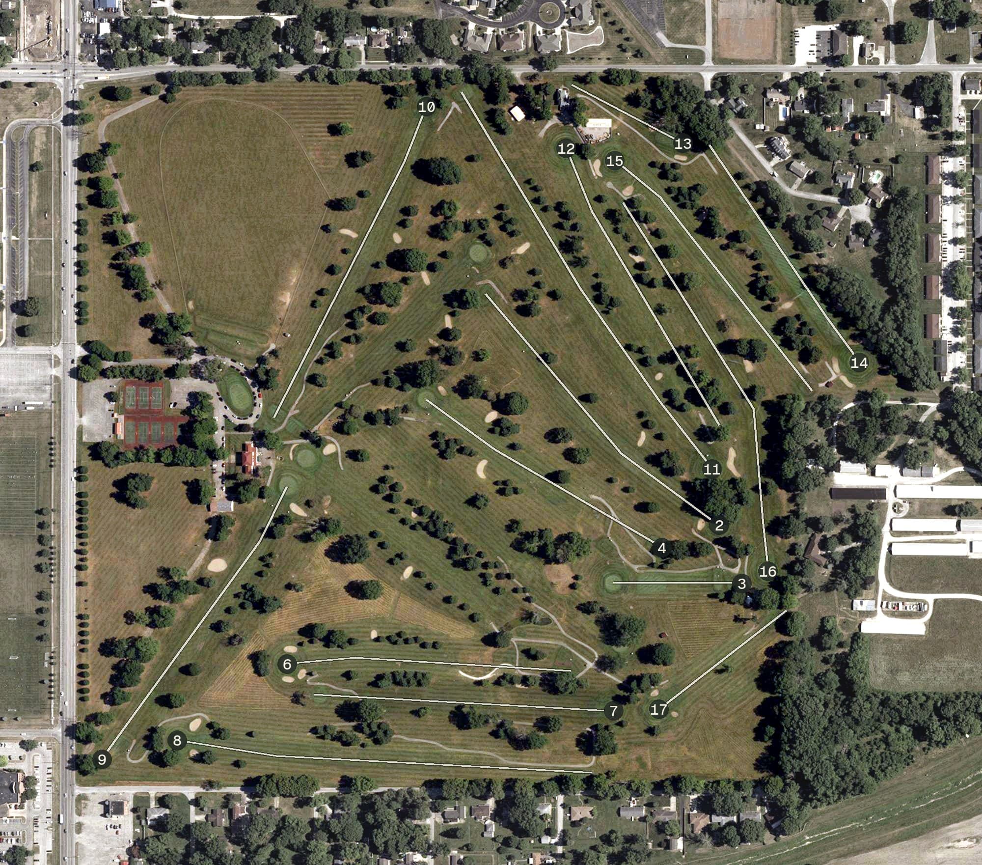 Aerial view of Rea Park Golf Course, IN, with its hole routing marked