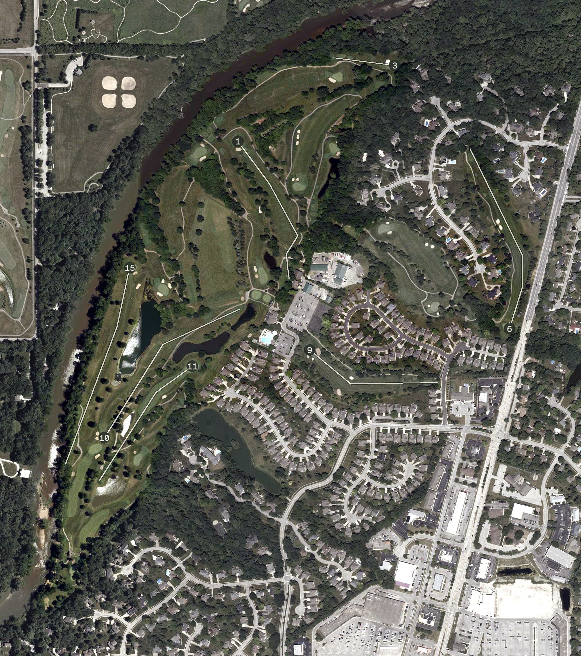 Aerial view of River Glen Country Club, IN, with its hole routing marked