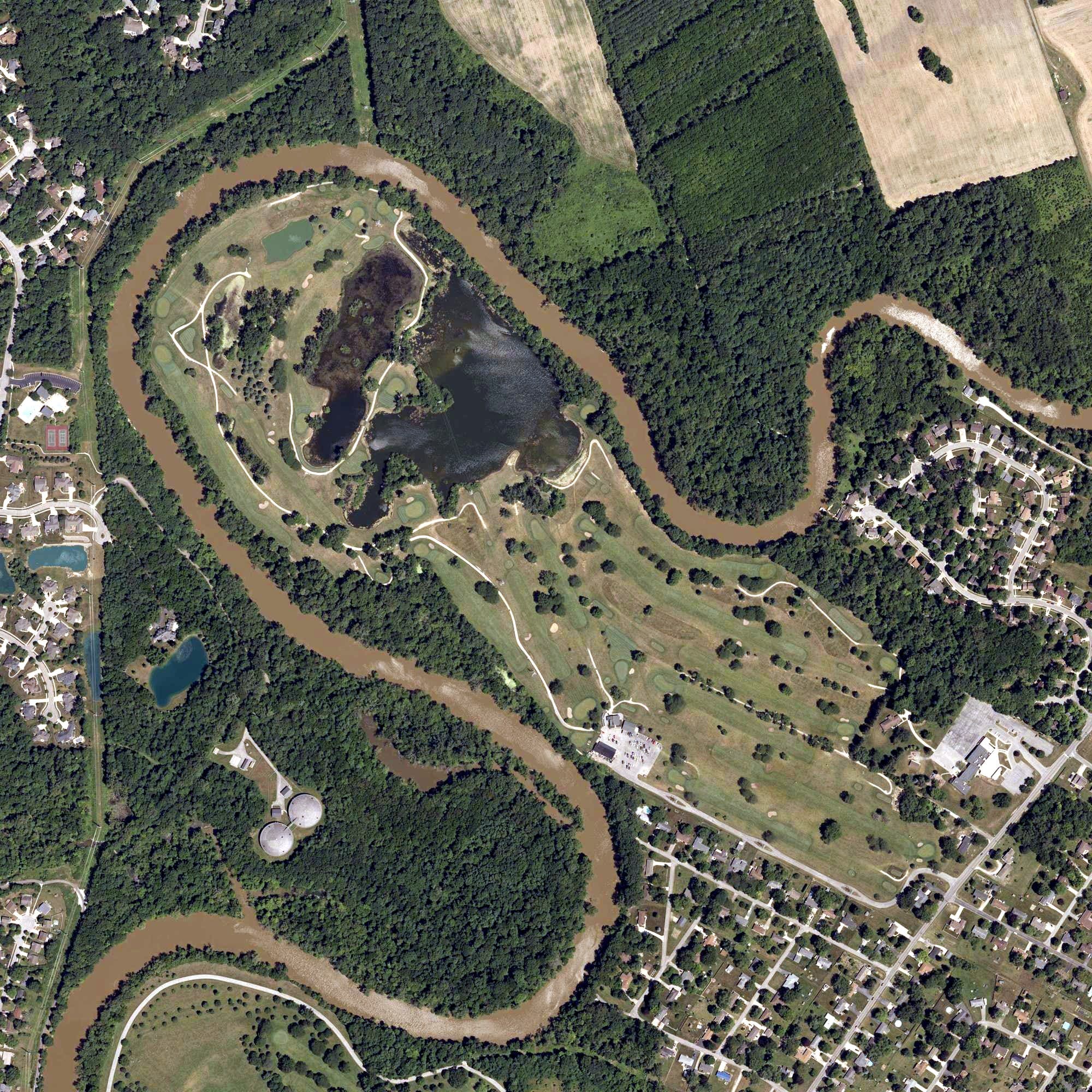 Aerial view of Riverbend Golf Course, IN, with its hole routing marked