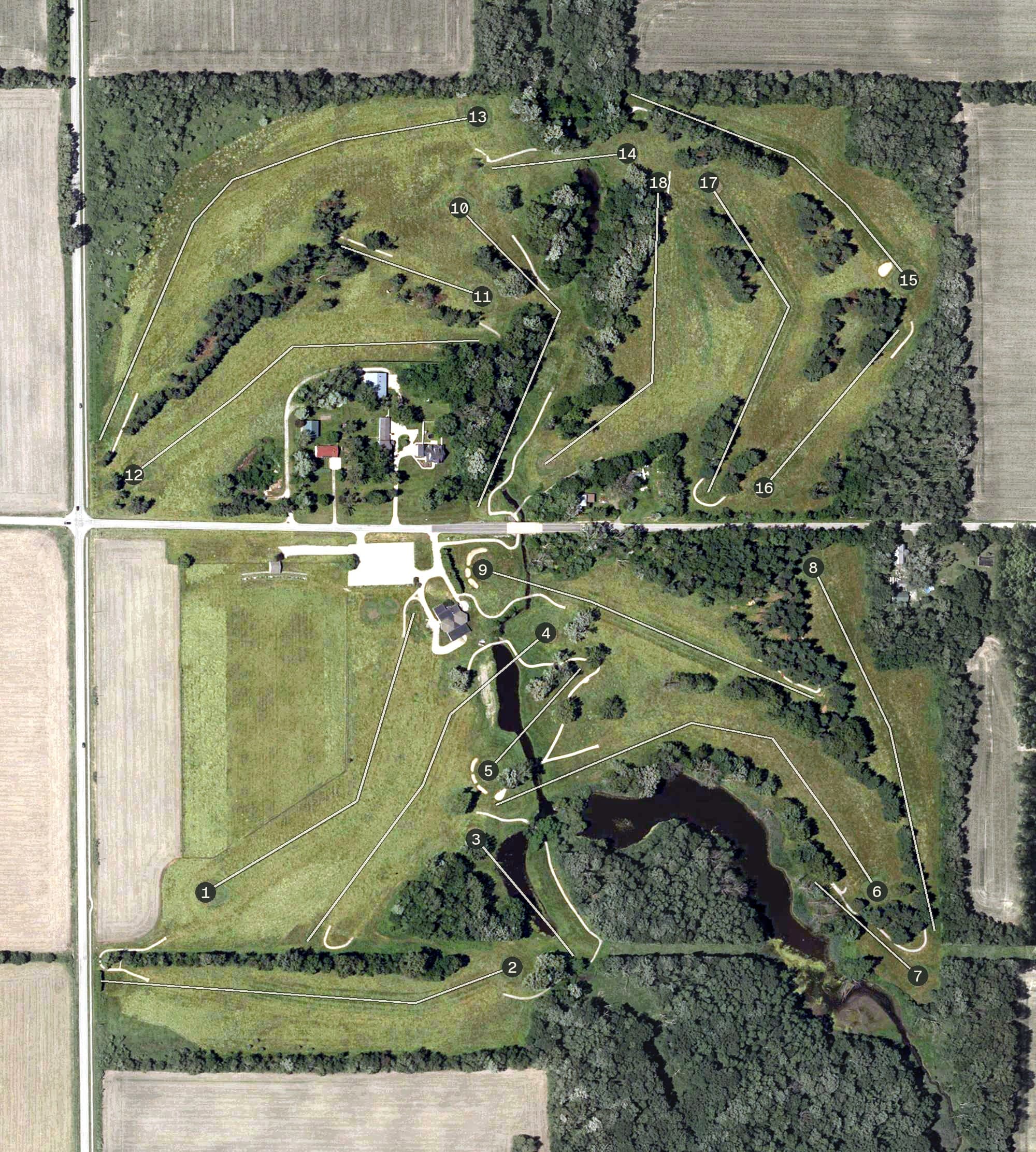 Aerial view of Robbinhurst Golf Club, IN, with its hole routing marked